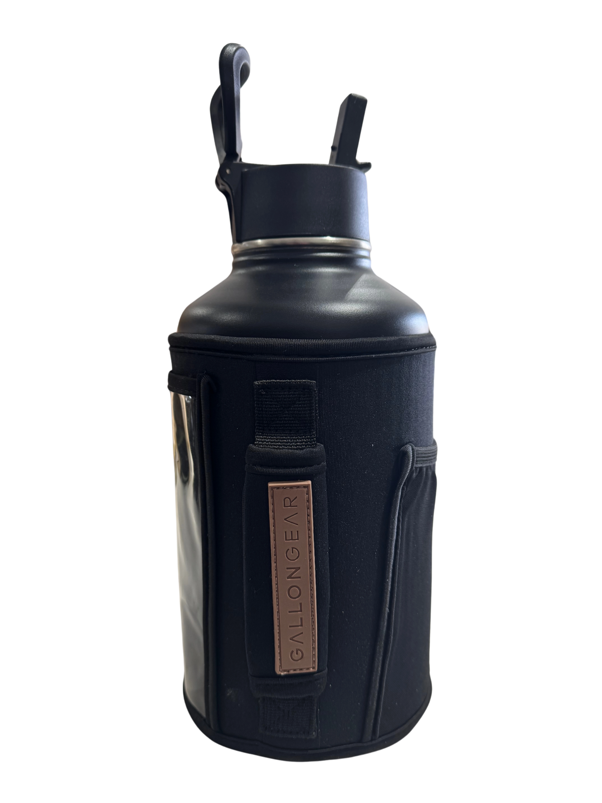 * IN STOCK * 2025 GALLON GEAR COMBO 64 OUNCE STAINLESS STEEL BLACK | GYM WATER BOTTLE WITH SLEEVE | NEOPRENE SLEEVE WITH CARRYING HANDLE (BLACK BOTTLE/BLACK/BROWN SLEEVE)