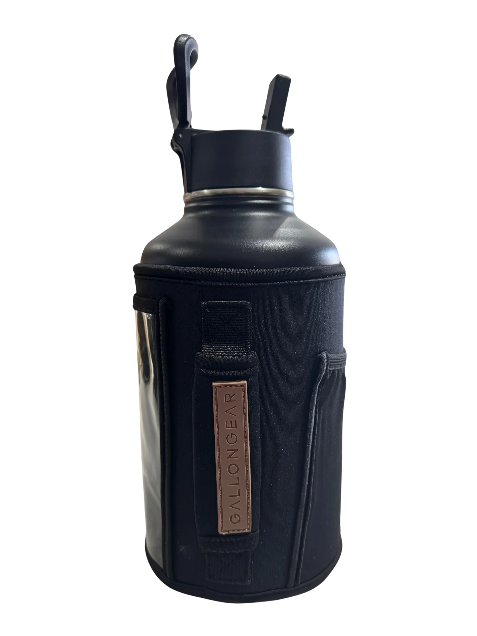 * IN STOCK * 2026 GALLON GEAR COMBO 64 OUNCE STAINLESS STEEL BLACK | GYM WATER BOTTLE WITH SLEEVE | NEOPRENE SLEEVE WITH CARRYING HANDLE (BLACK BOTTLE/BLACK/BROWN SLEEVE)