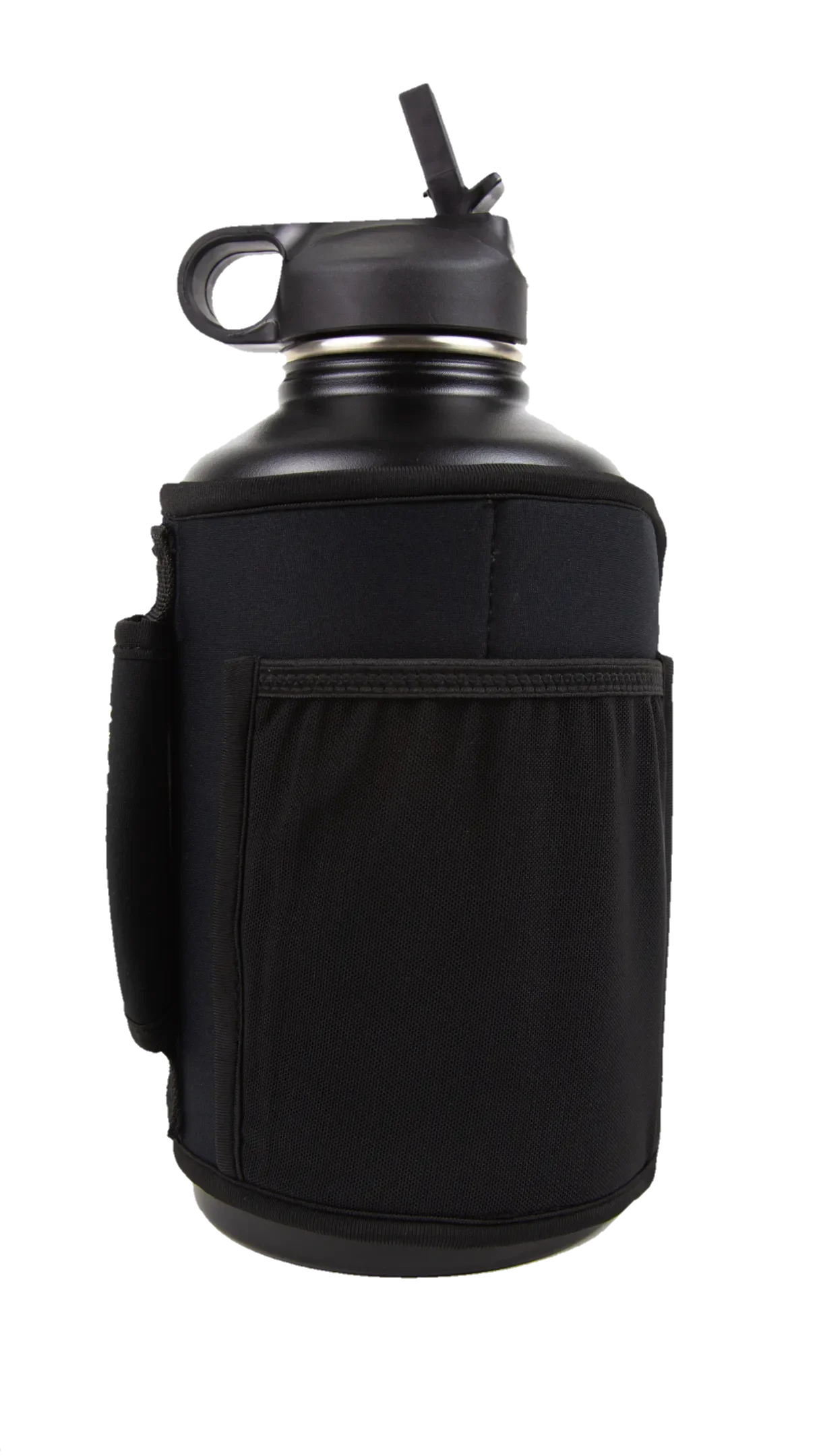 Black gym water bottle with insulated sleeve and side pocket for fitness hydration