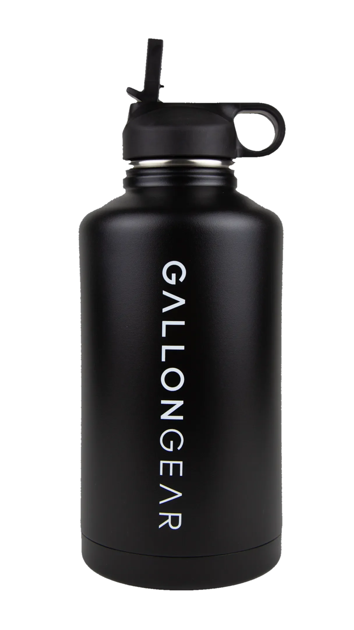 Black Gallon Gear water bottle with straw lid, ideal for gym and fitness hydration