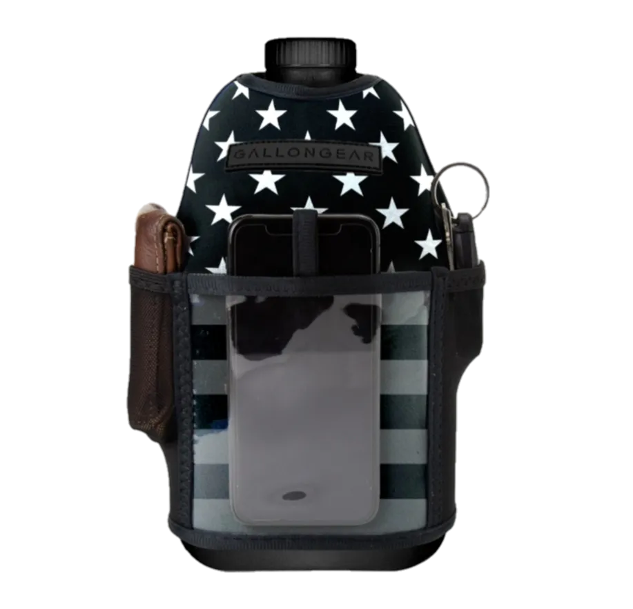 "2025" GALLON GEAR HALF GALLON BOOTY | GYM WATER BOTTLE SLEEVE (FLAG USA BLACK/GREY)