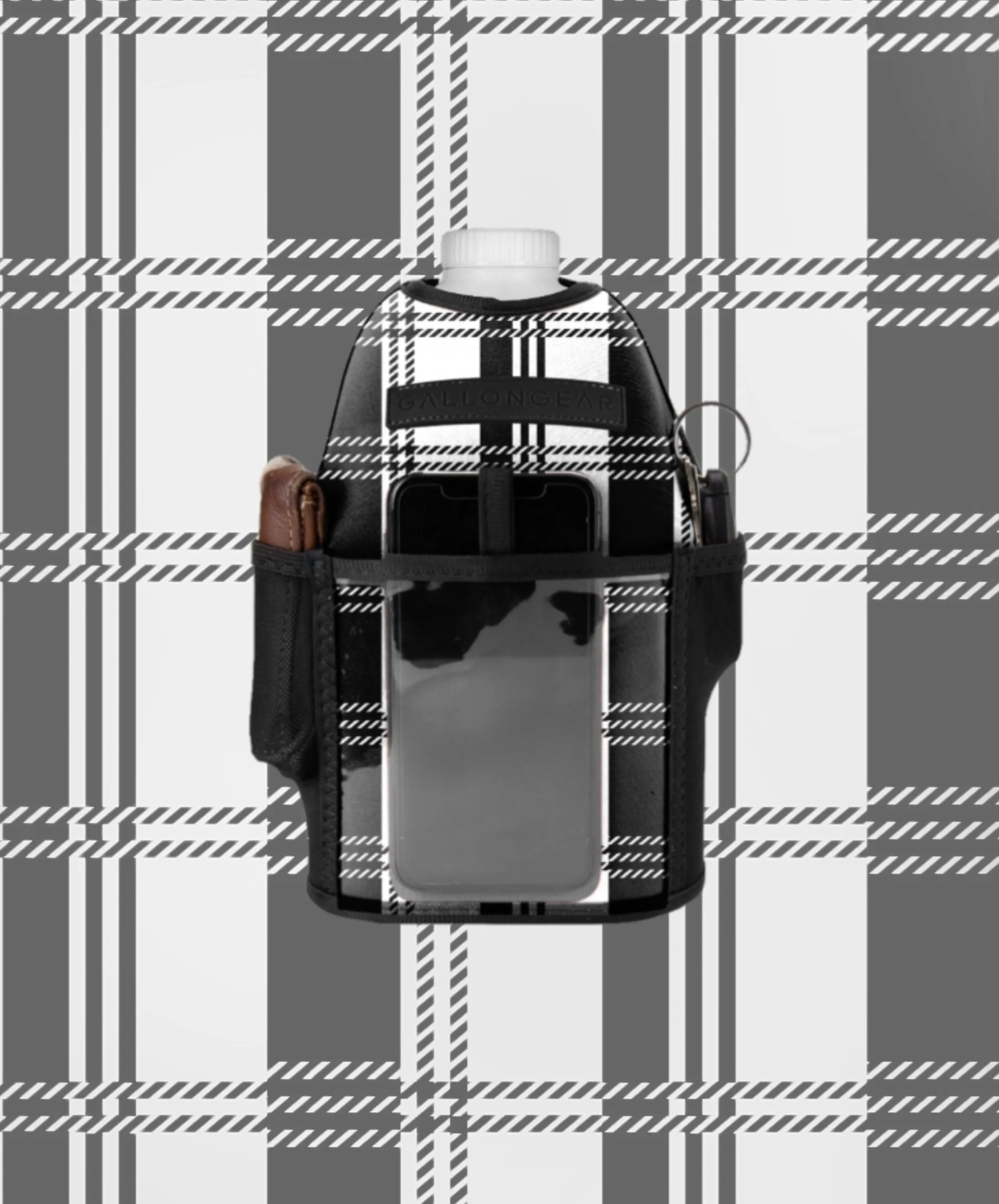 "2025" GALLON GEAR HALF GALLON BOOTY | GYM WATER BOTTLE SLEEVE (PLAID WHITE/BLACK)#