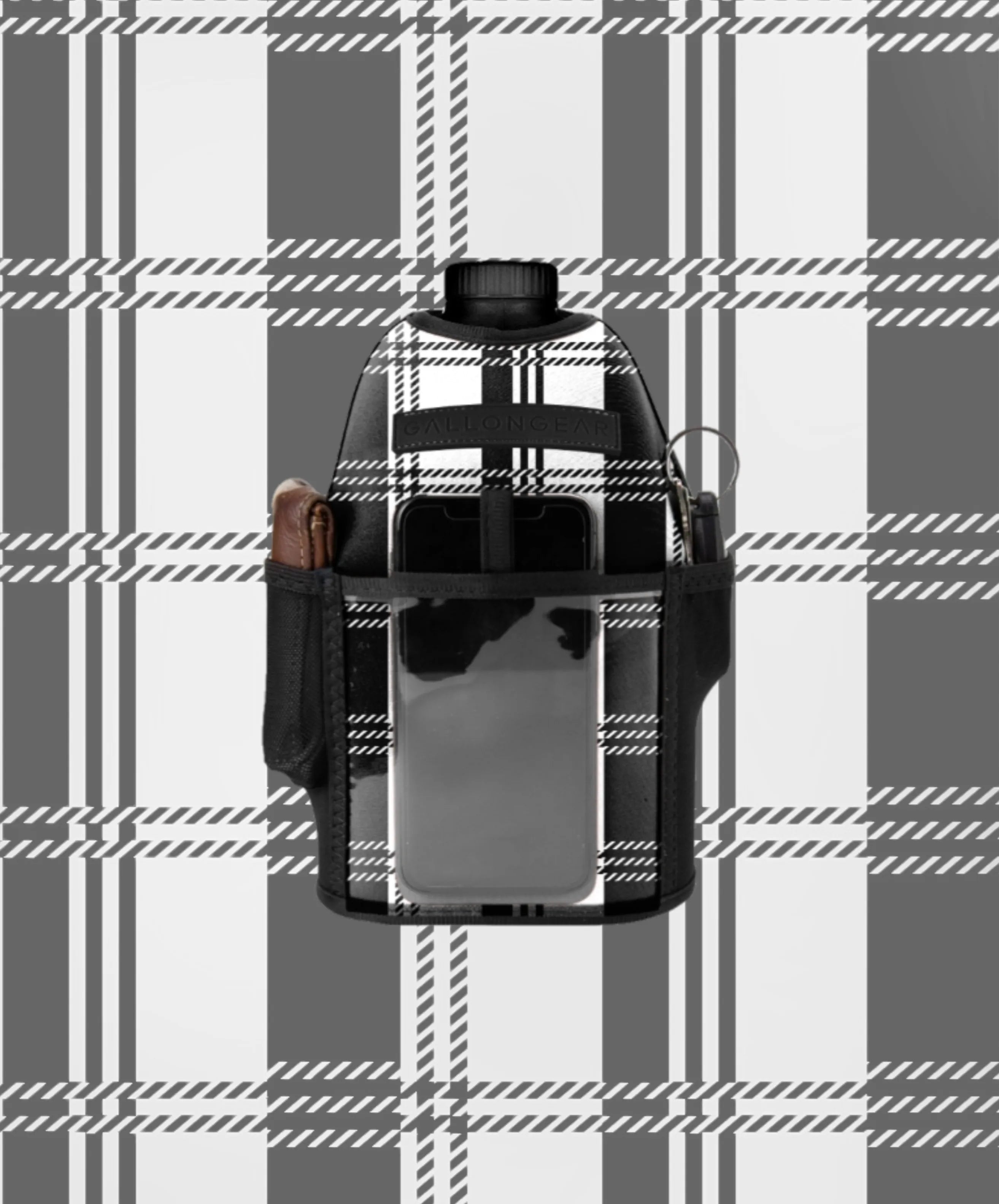 "2025" GALLON GEAR HALF GALLON BOOTY | GYM WATER BOTTLE SLEEVE (PLAID WHITE/BLACK)#