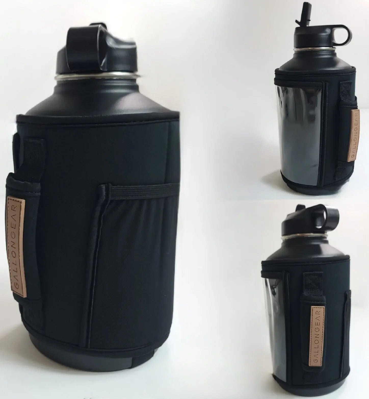 Black Gallon Gear water jug with insulated sleeve, perfect for gym hydration and fitness routines