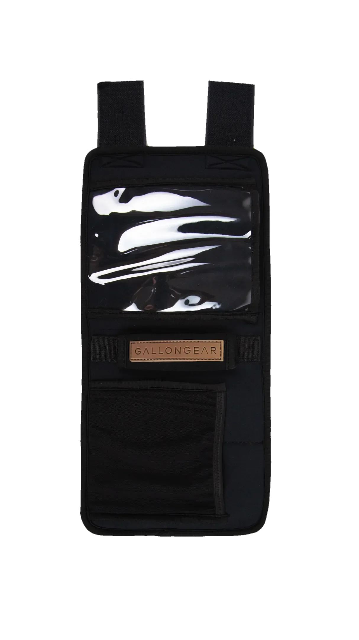 Black Gallon Gear water bottle holder with clear front pocket and mesh storage, ideal for gym and fitness use.