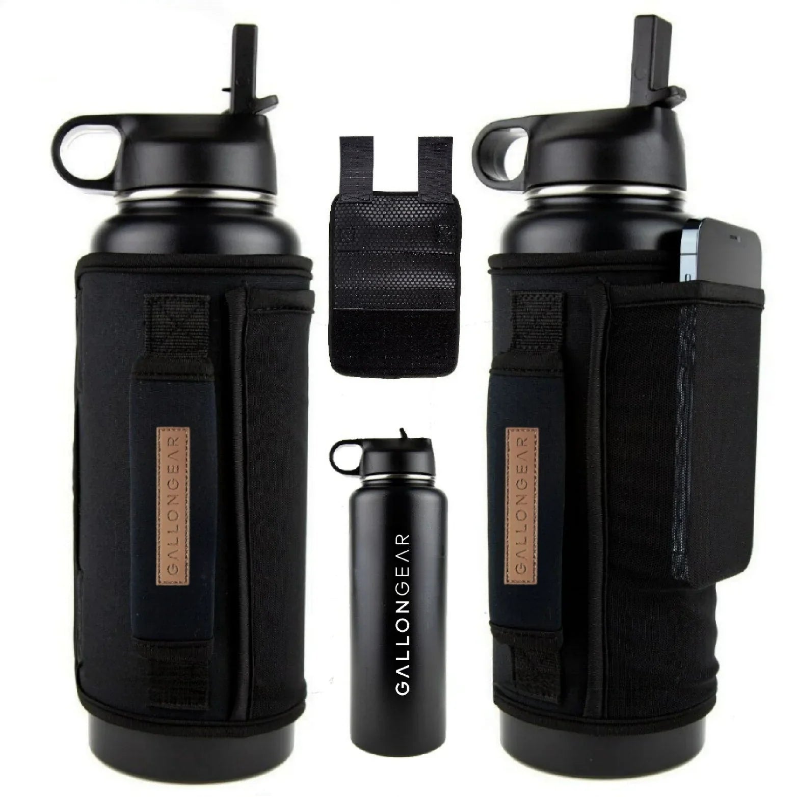 Black GallonGear water bottle with carry sleeve and phone pocket, ideal for gym and fitness use