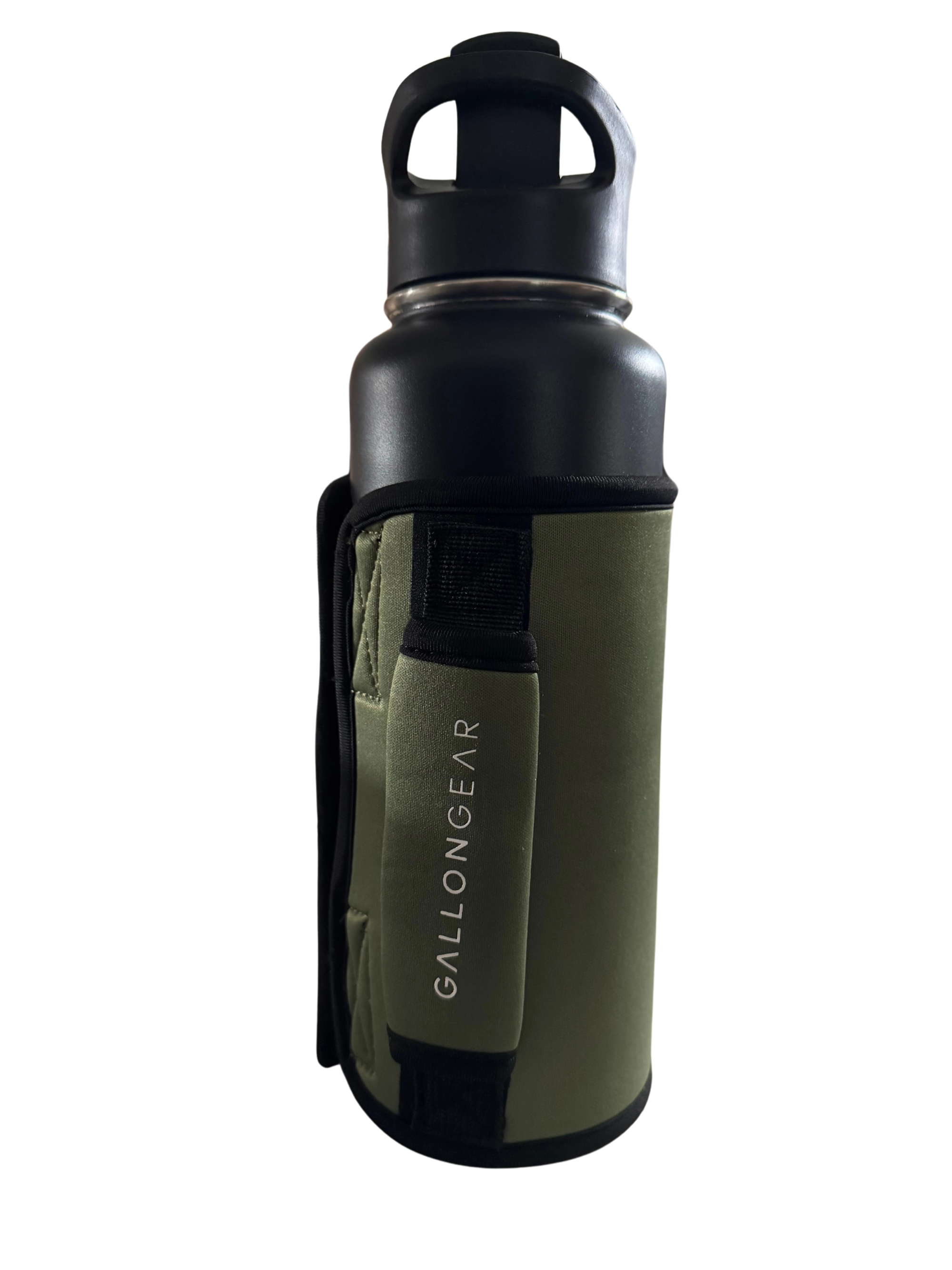 * IN STOCK * 2025 GALLON GEAR STAINLESS STEEL COMBO INSULATED WATER BOTTLE | WITH HANDLE SNAP TOP LID 40 OUNCE | GYM WATER BOTTLE WITH SLEEVE | NEOPRENE SLEEVE WITH CARRYING HANDLE (BLACK BOTTLE OLIVE SLEEVE)