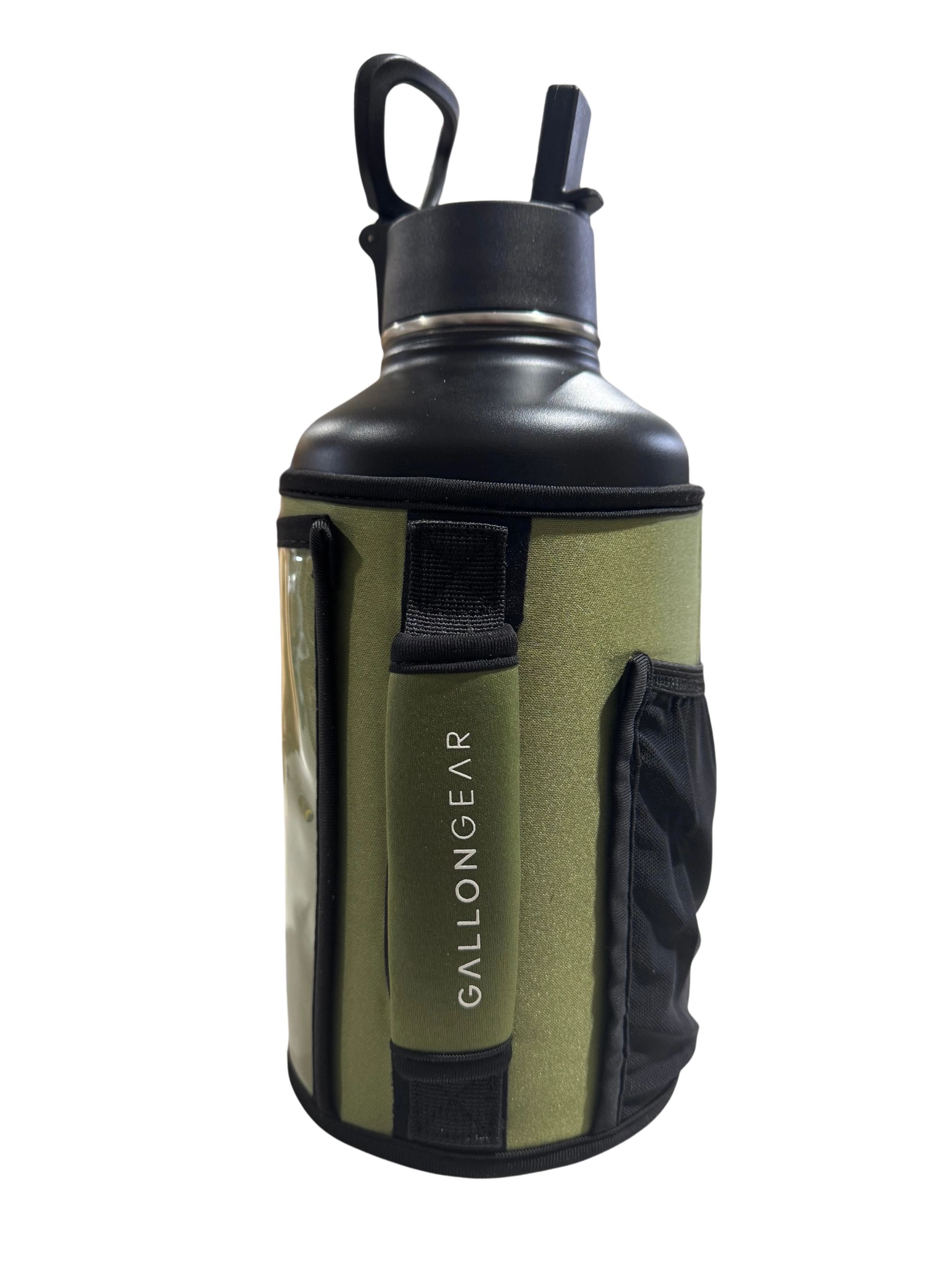 * IN STOCK * 2025 GALLON GEAR COMBO 64 OUNCE STAINLESS STEEL BLACK | GYM WATER BOTTLE WITH SLEEVE | NEOPRENE SLEEVE WITH CARRYING HANDLE (BLACK BOTTLE/OLIVE SLEEVE)