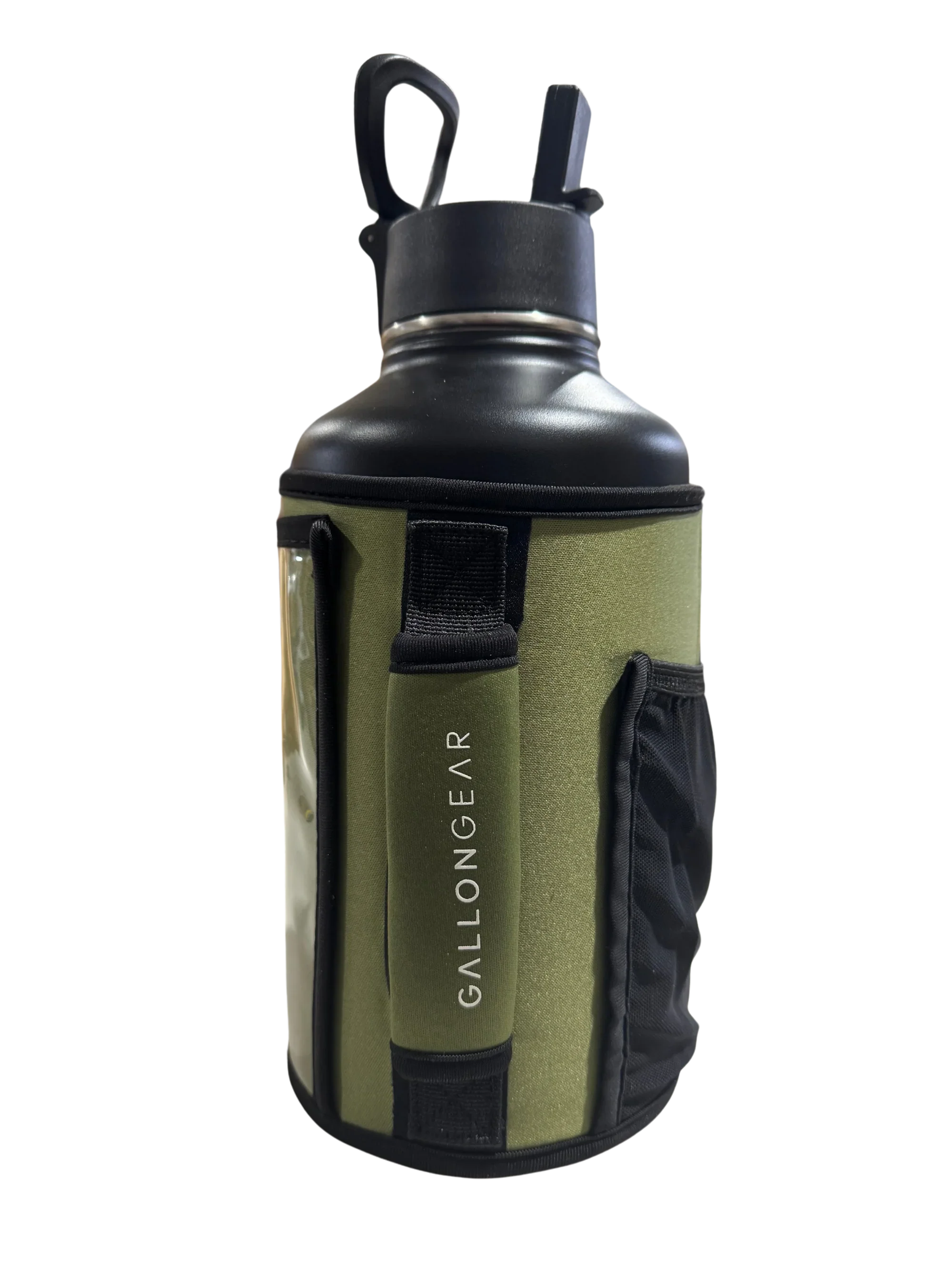 * IN STOCK * 2026 GALLON GEAR COMBO 64 OUNCE STAINLESS STEEL BLACK | GYM WATER BOTTLE WITH SLEEVE | NEOPRENE SLEEVE WITH CARRYING HANDLE (BLACK BOTTLE/OLIVE SLEEVE)