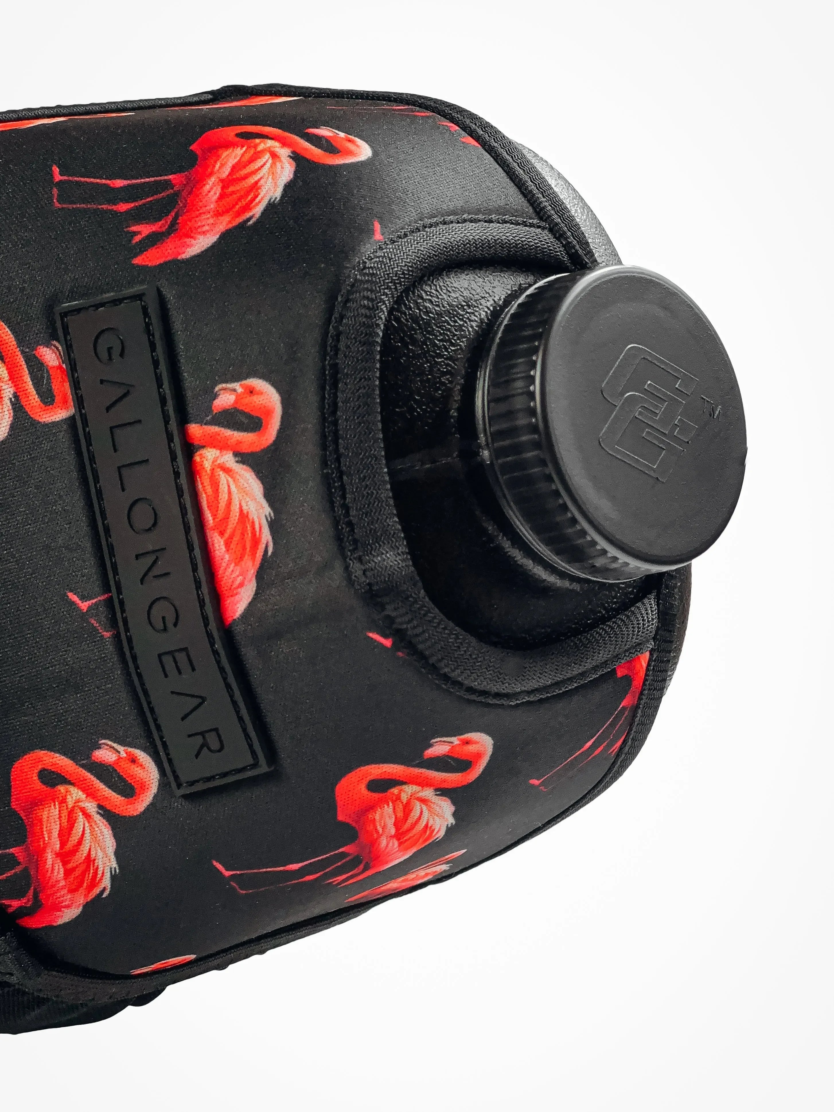 Black gym water bottle with vibrant red flamingo print and Gallon Gear logo, perfect for fitness hydration.