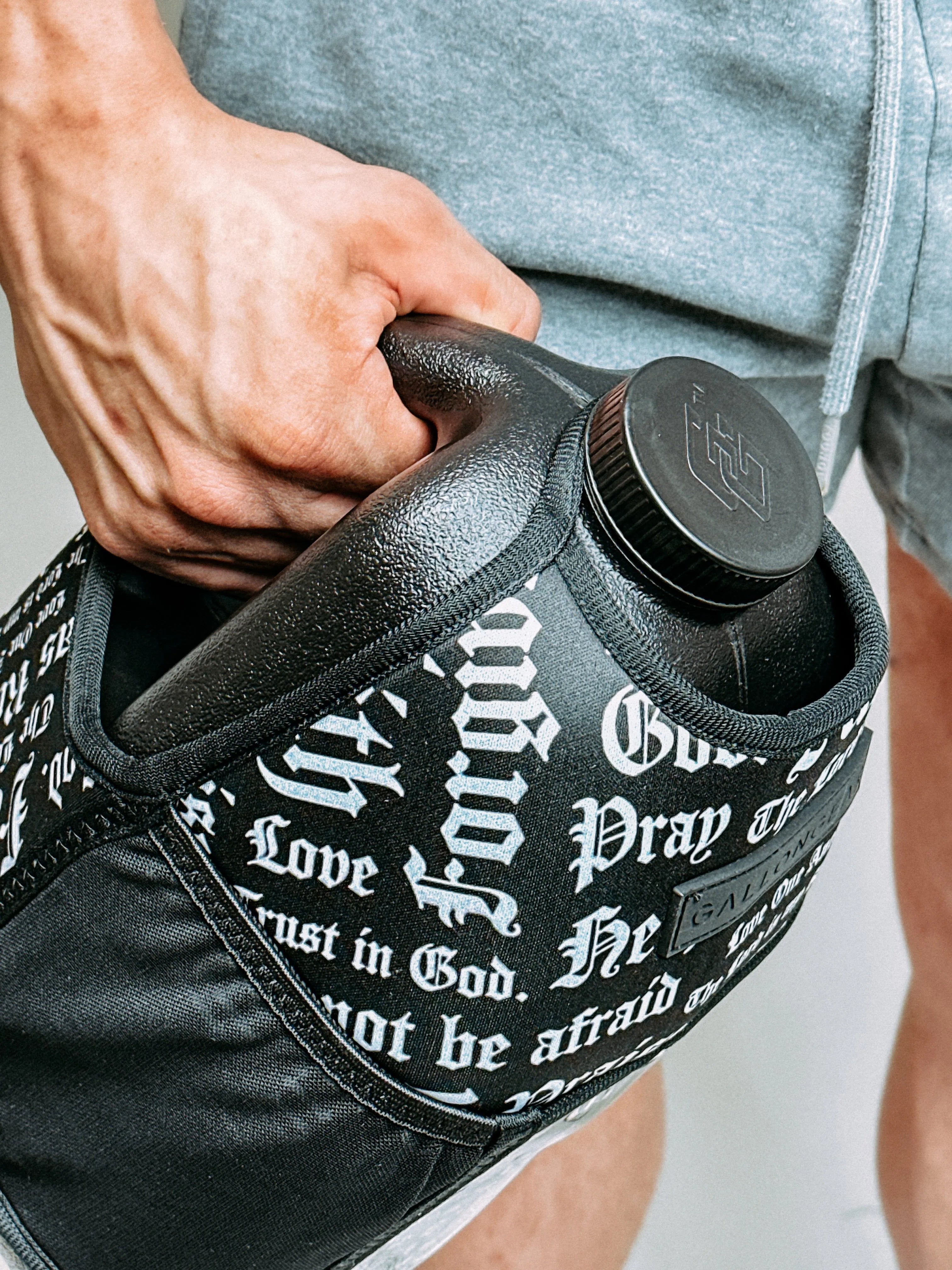 "2025" GALLON GEAR BOOTY 1 GALLON | GYM WATER BOTTLE SLEEVE (SCRIPTURE BLACK/WHITE)#