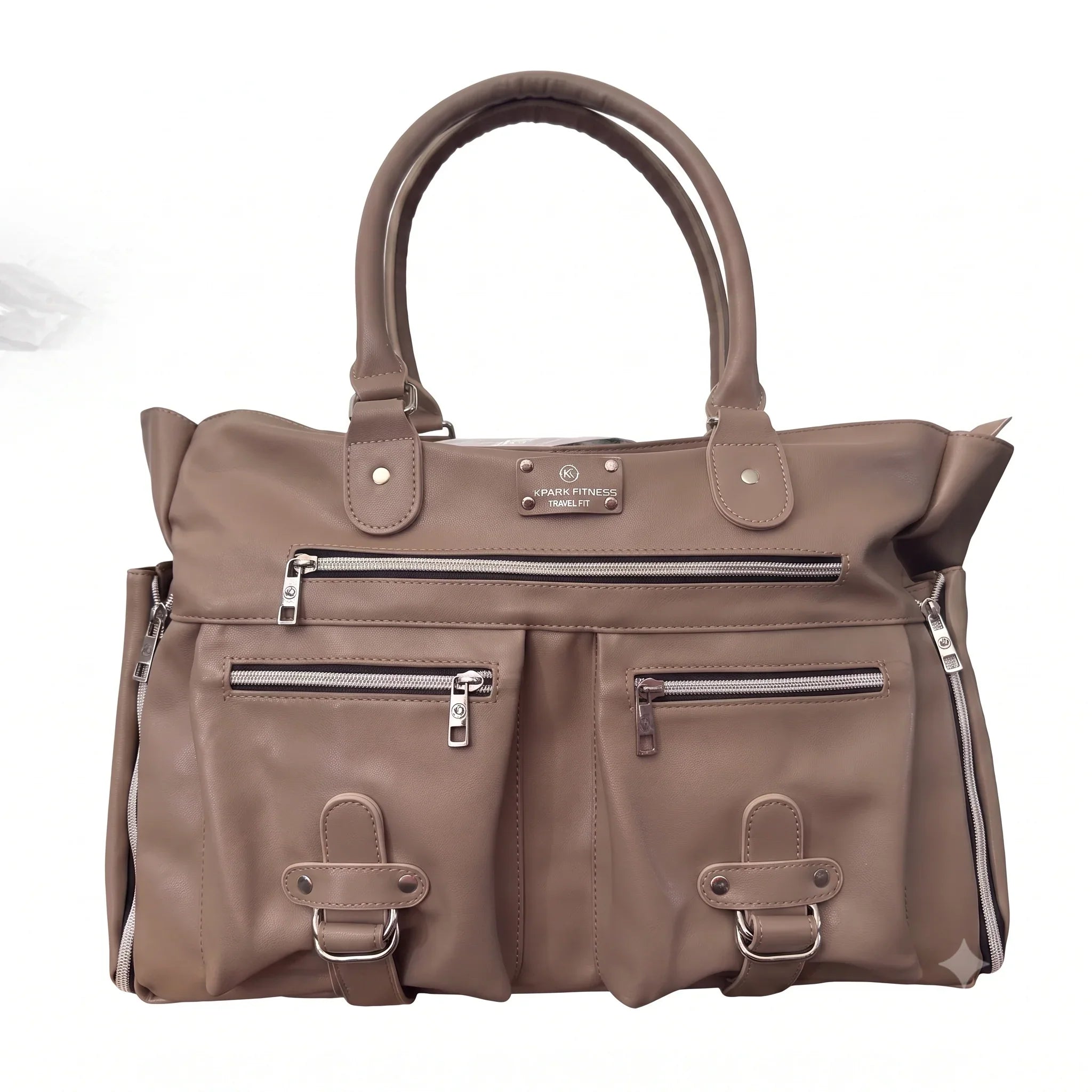 A beige brown faux-leather handbag with multiple zippered pockets and top handles, shown against a plain white background.