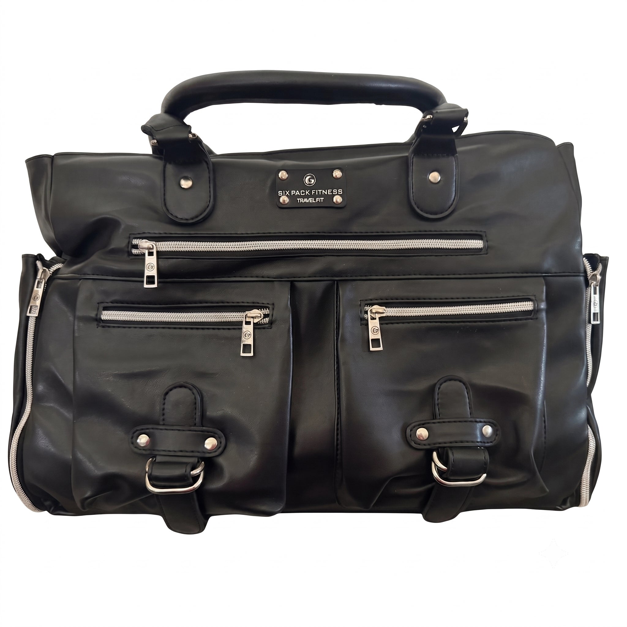 A black leather meal prep bag with multiple zippered pockets, top handles, and silver-tone hardware, photographed against a plain white background.