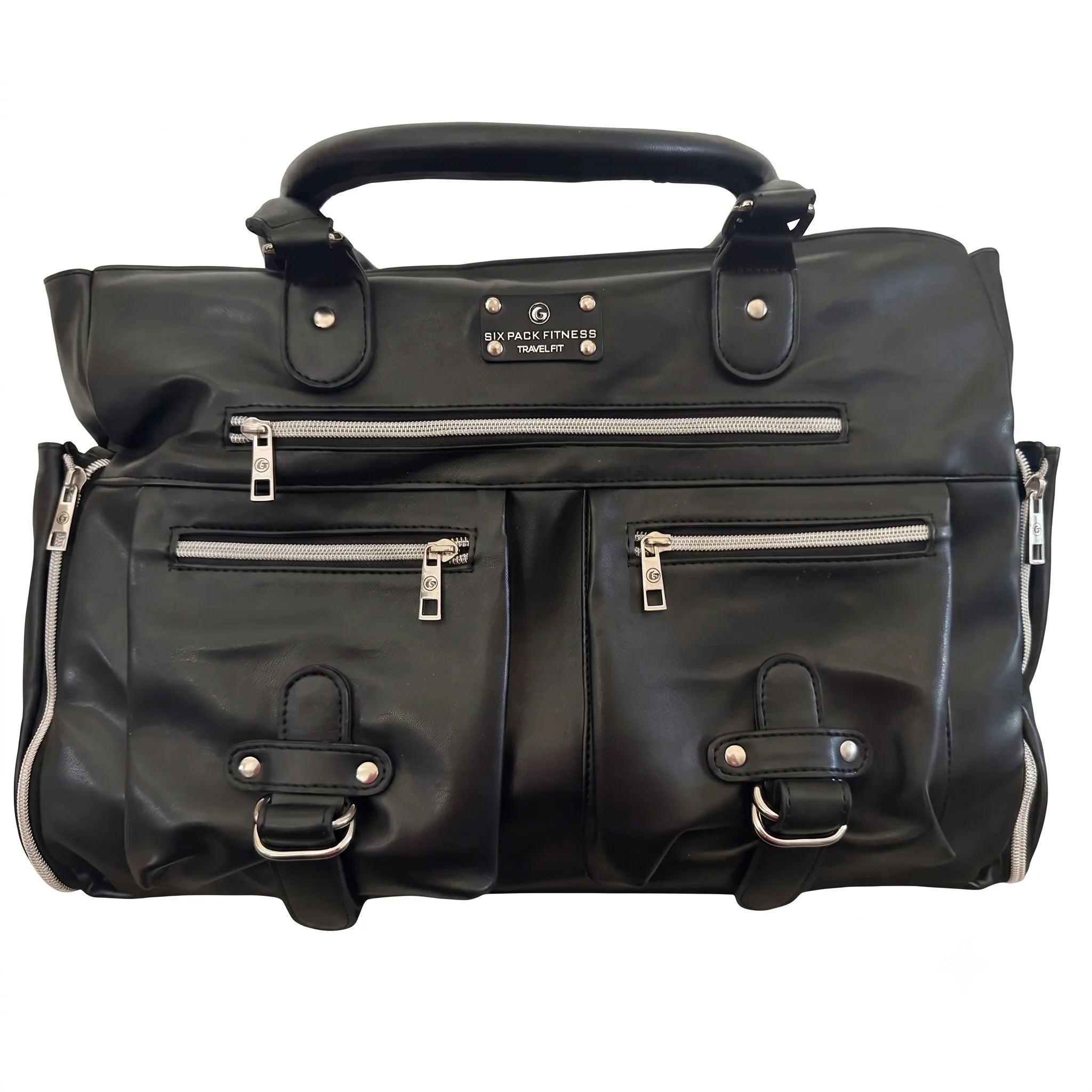 A black leather meal prep bag with multiple zippered pockets, top handles, and silver-tone hardware, photographed against a plain white background.