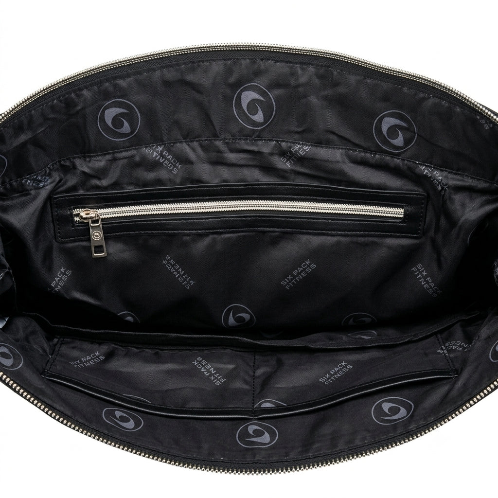 The interior of a black leather bag, showing a zippered pocket with silver zipper pulls and a printed pattern of the brand's circular logo and 'Savage Fitness' text.