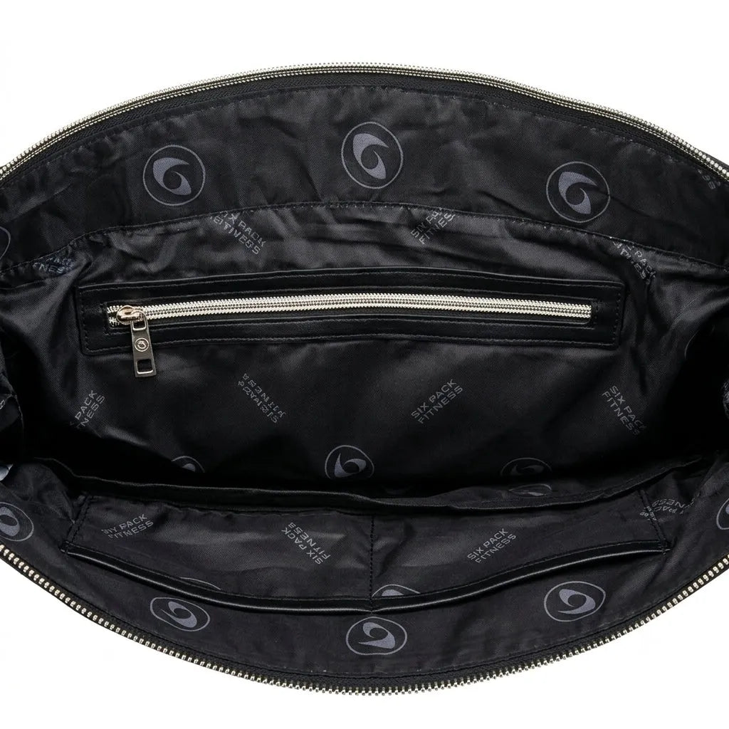 The interior of a black leather bag, showing a zippered pocket with silver zipper pulls and a printed pattern of the brand's circular logo and 'Savage Fitness' text.
