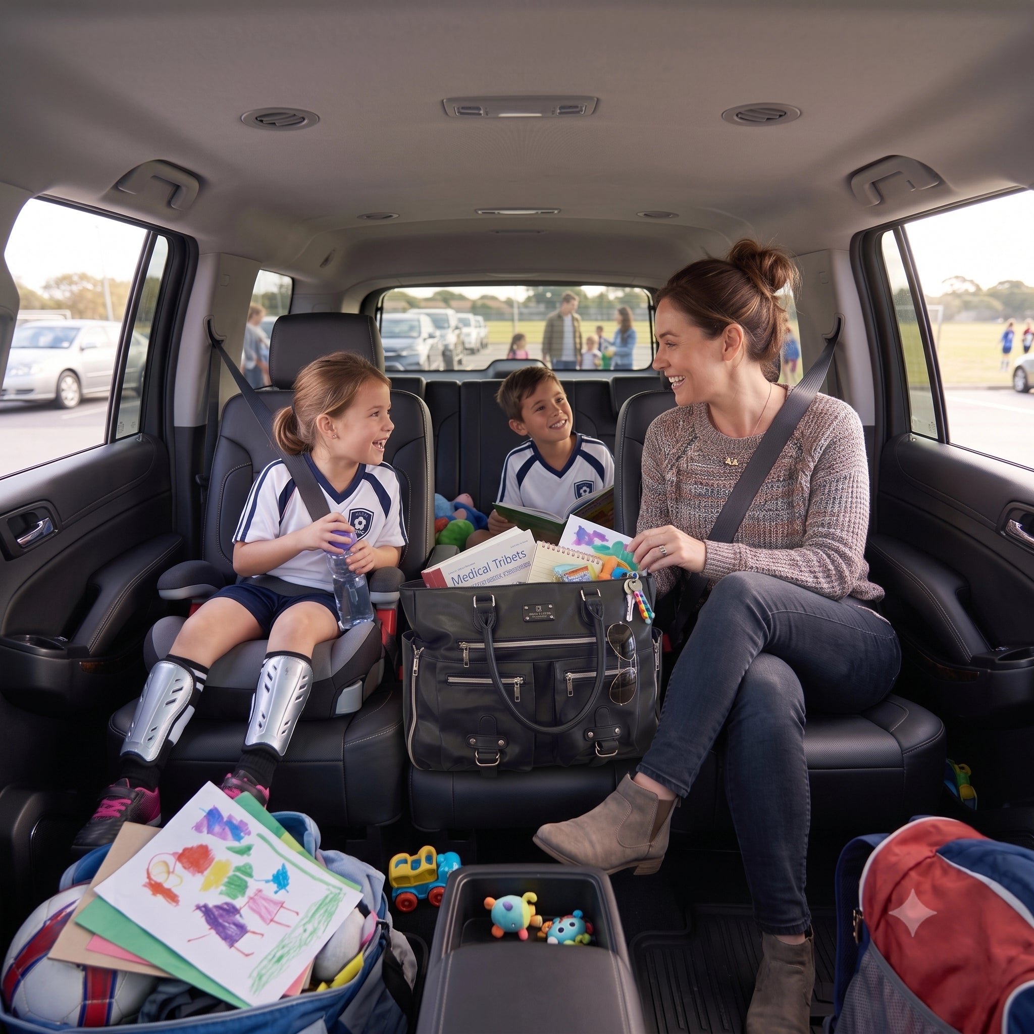 A woman sits in the back of a vehicle with two children, surrounded by bags and children's items. The woman wears a gray patterned long-sleeve top and dark jeans, and the children wear matching white and blue athletic jerseys.