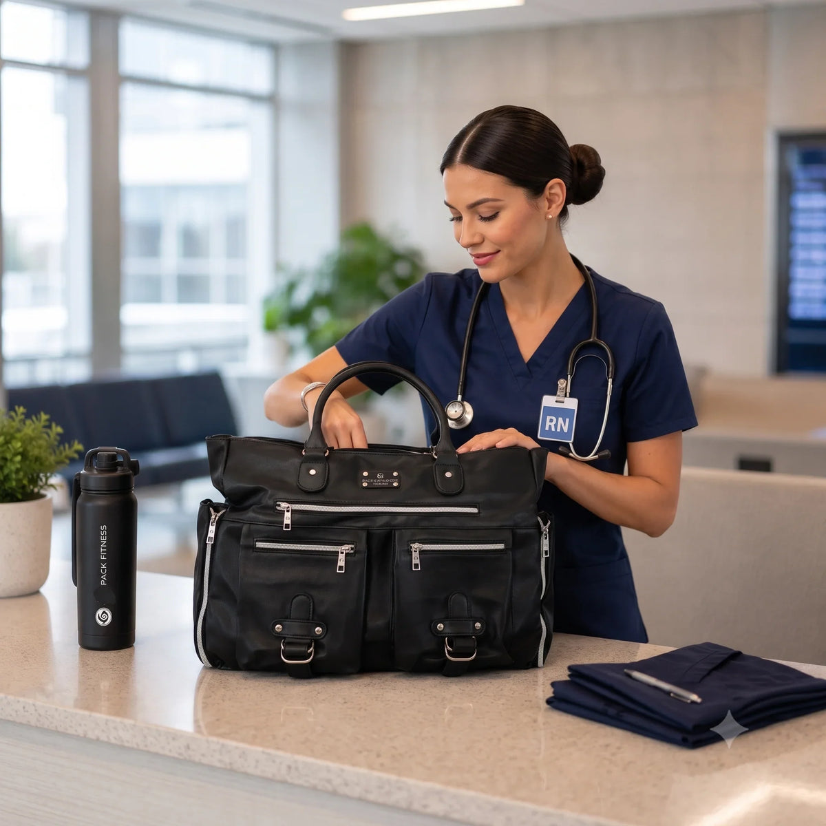 A woman in navy blue scrubs packing a black multi-compartment meal pre bag on a reception desk. The woman's bag has silver zippers and hardware, and the scene is set in a modern, bright hospital or clinic lobby.