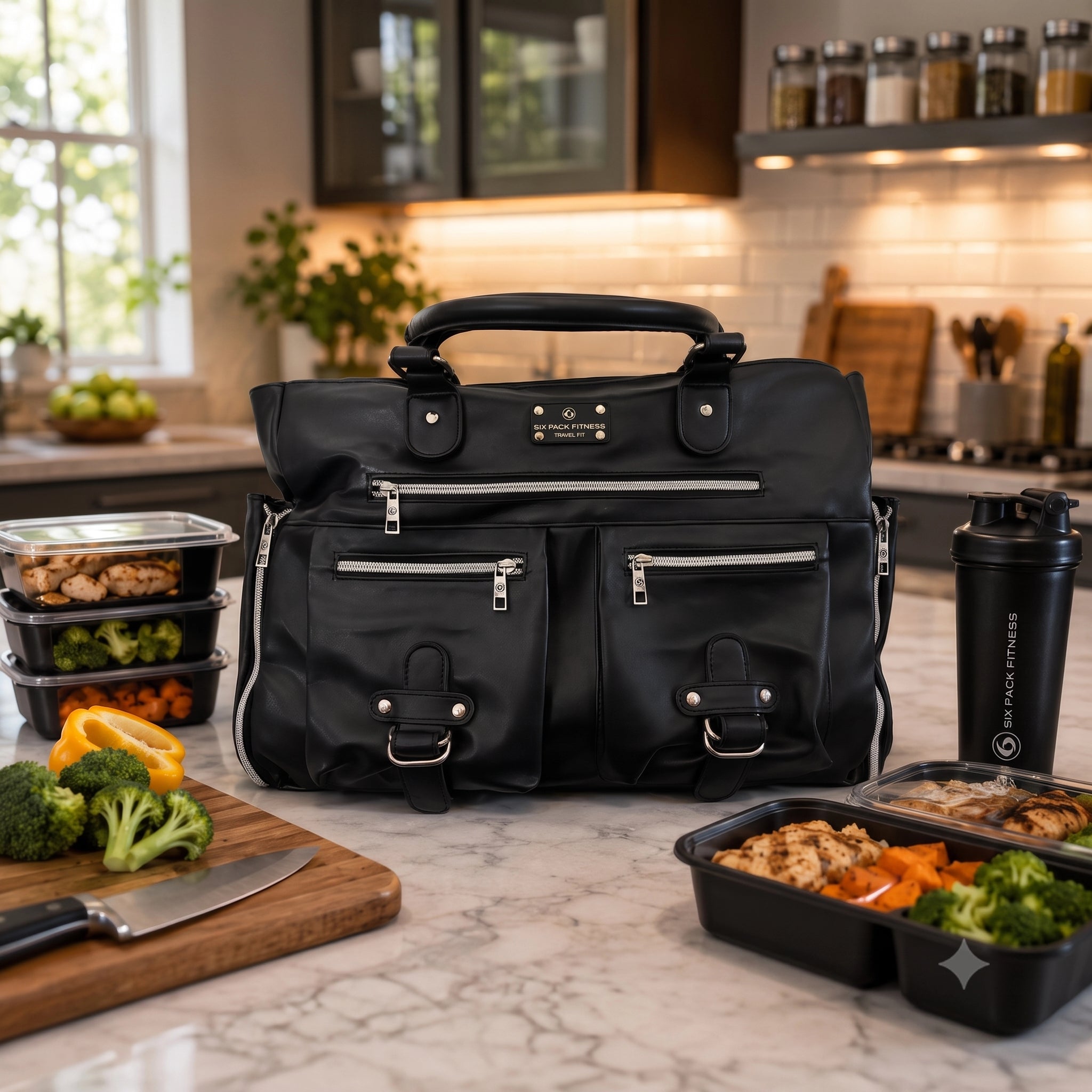A black leather meal prep bag with silver zippers and hardware is displayed on a marble kitchen counter, surrounded by food containers, a shaker bottle, and kitchen items. The bag features a top handle, multiple front pockets, and a small silver-tone logo plate on the front.