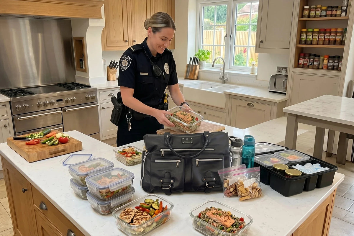 A woman in a police uniform stands in a bright kitchen holding a prepared meal container, with multiple lunch boxes and a black woman's tote arranged on a white kitchen island.
