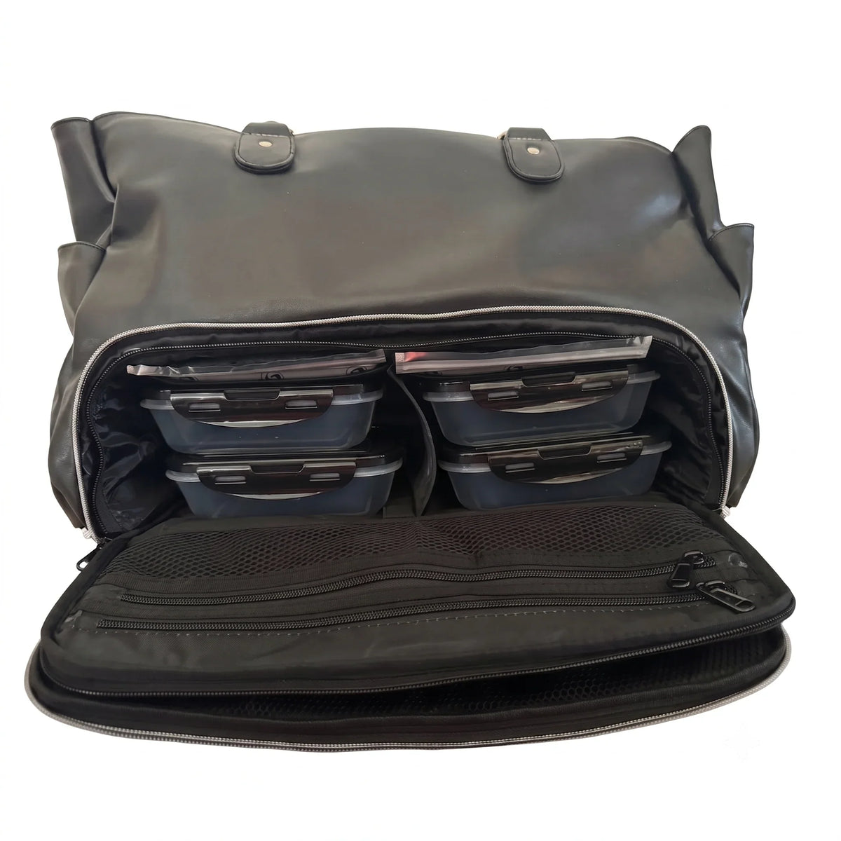 A black leatherette travel bag shown open, revealing a storage organizer inside with multiple clear plastic containers and a zippered compartment in the rear panel, set against a plain white background.