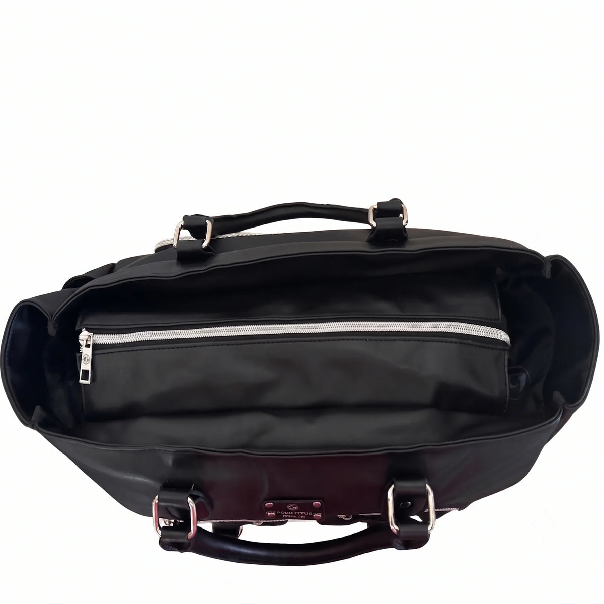 Black leather meal prep bag shown open from the top, revealing a zippered interior pocket, black handles, and silver-tone hardware against a white background.