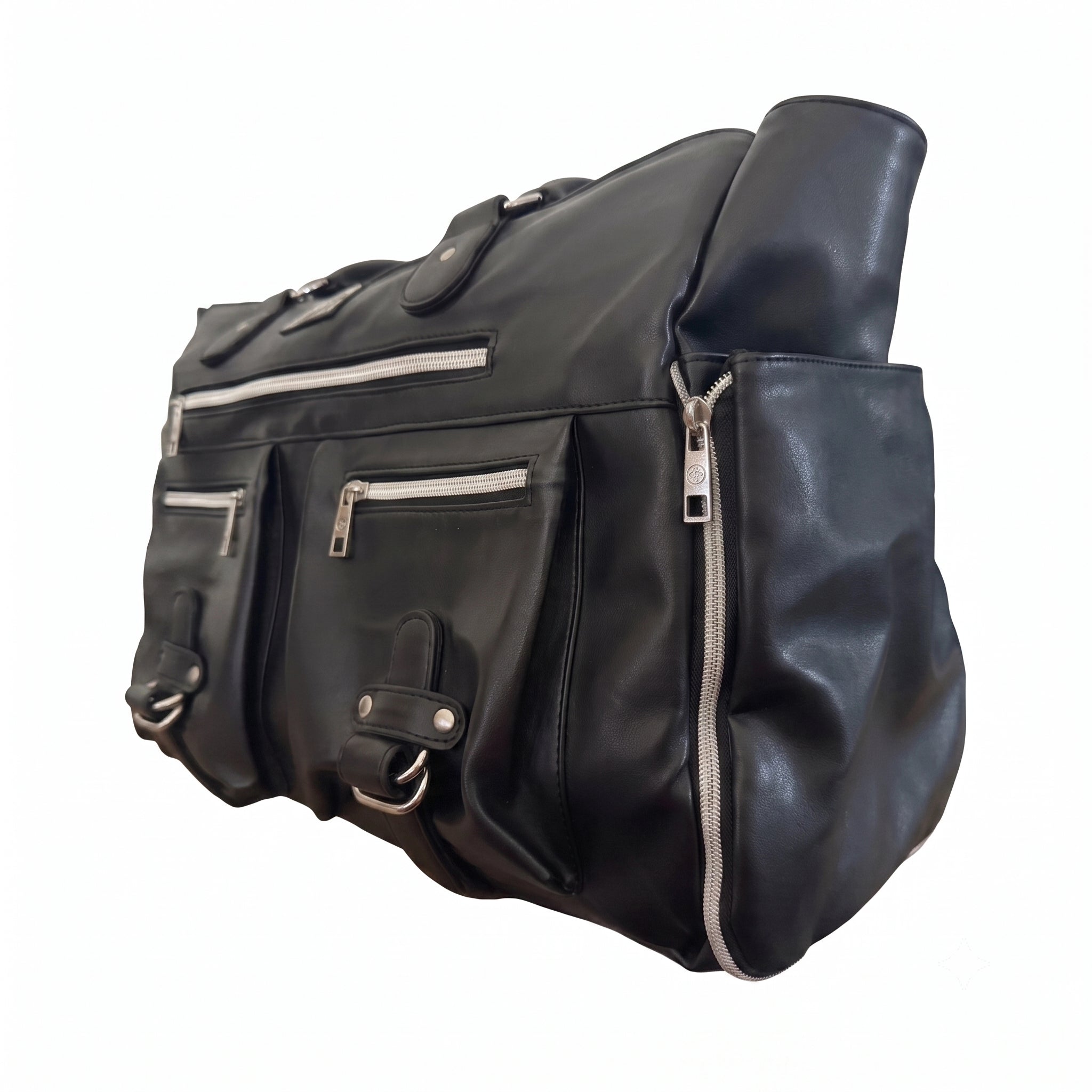 A black leather woman's bag with multiple zippered pockets and silver-tone hardware, shown from a side angle against a plain white background.