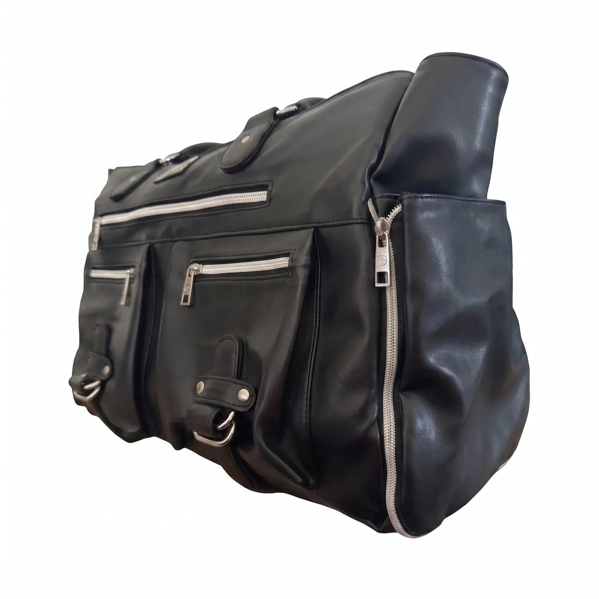 A black leather woman's bag with multiple zippered pockets and silver-tone hardware, shown from a side angle against a plain white background.
