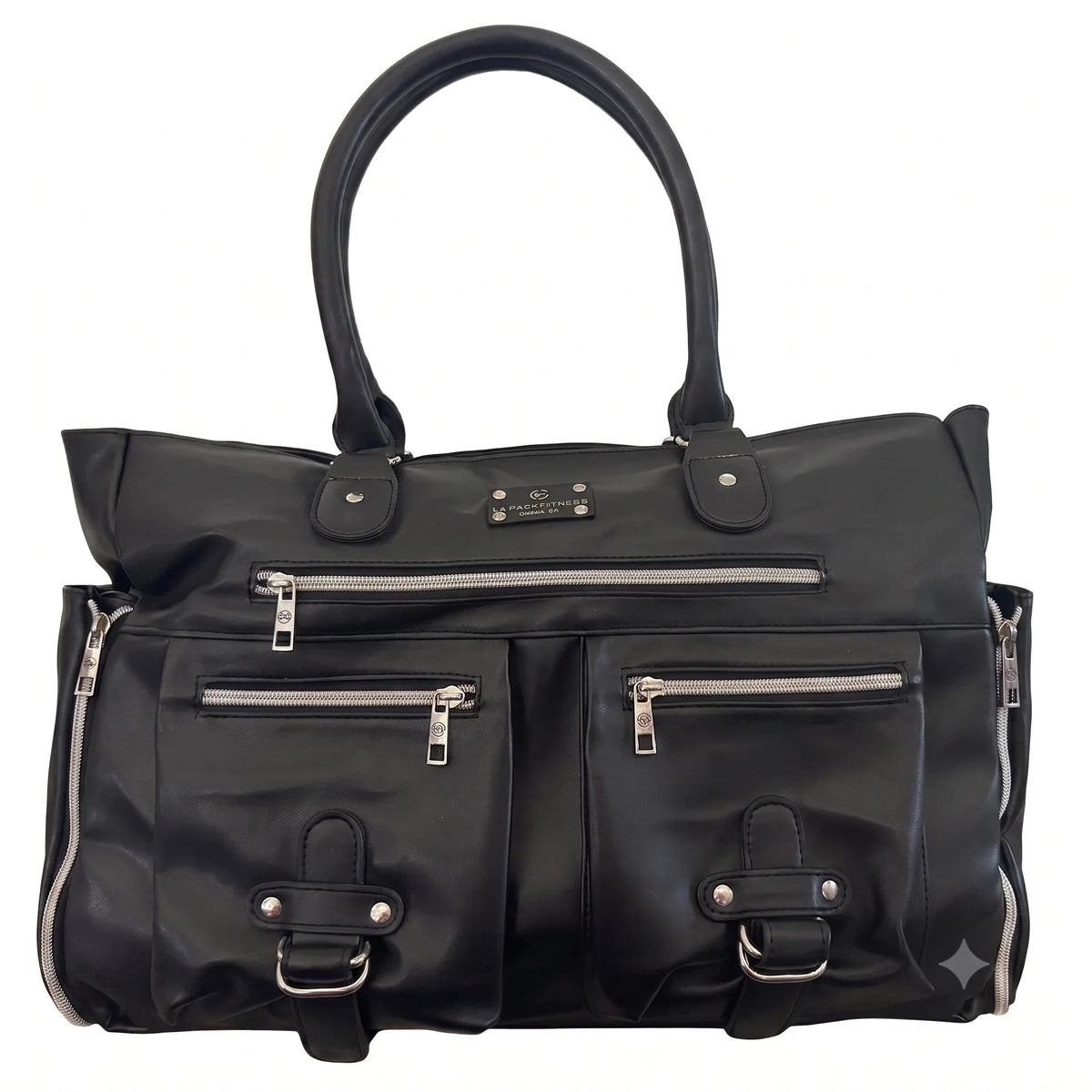 A black leather woman's handbag with dual top handles, multiple zippered pockets, and silver-tone hardware, shown against a plain white background.