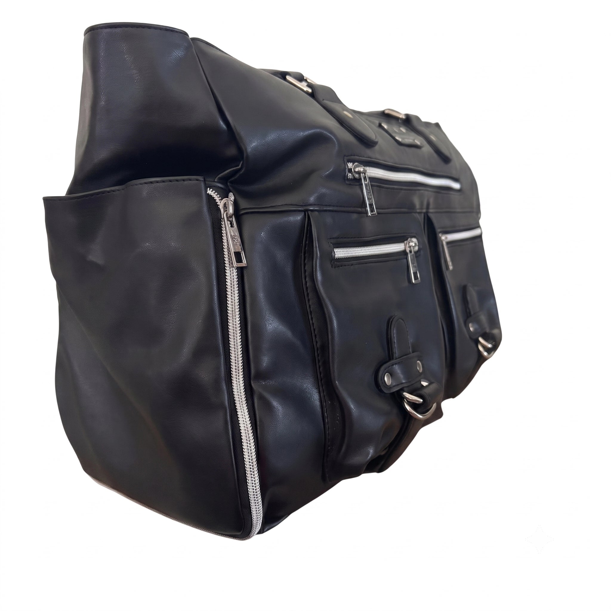 A black leather woman's bag with multiple zippered pockets and silver-tone hardware, photographed on a plain white background.
