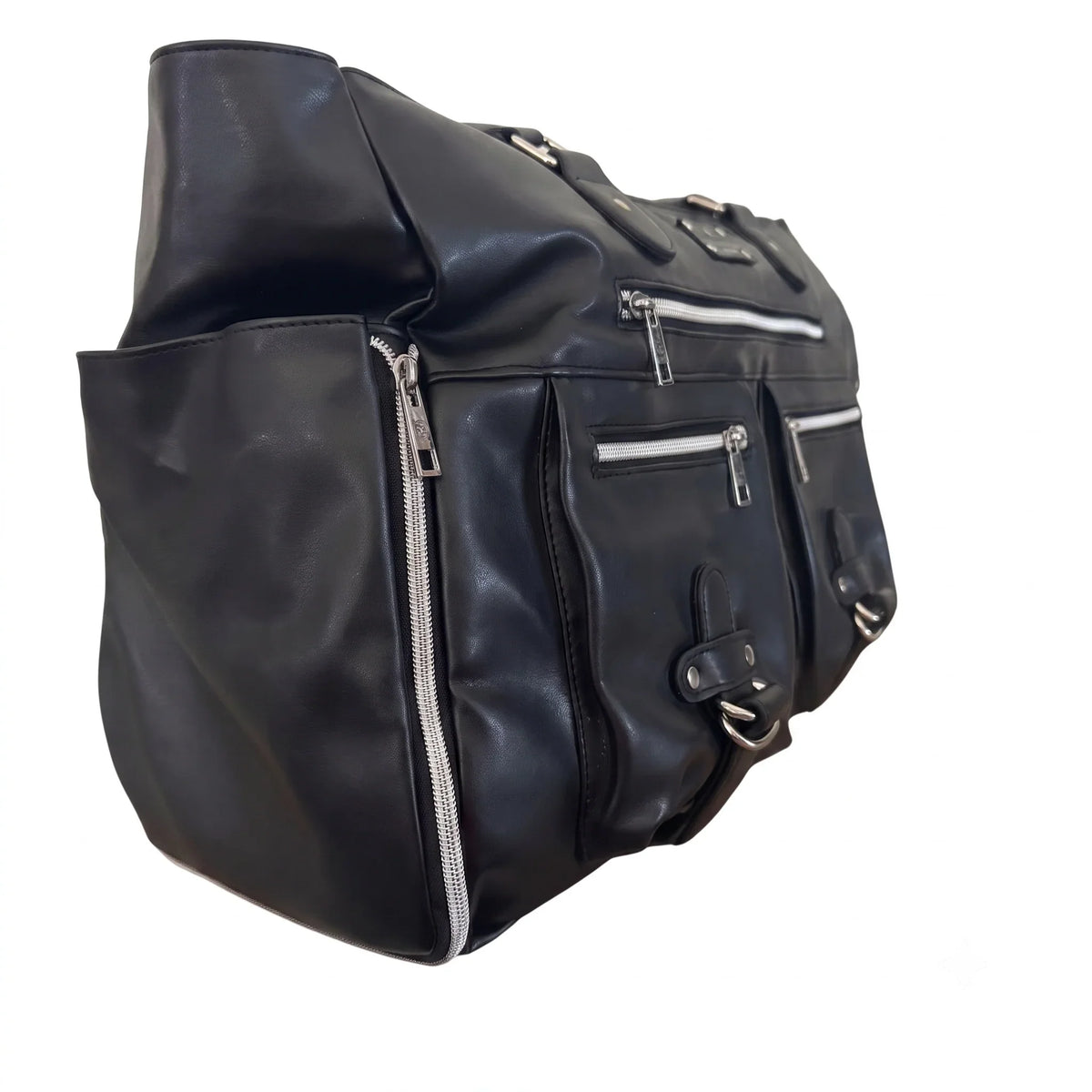 A black leather woman's bag with multiple zippered pockets and silver-tone hardware, photographed on a plain white background.