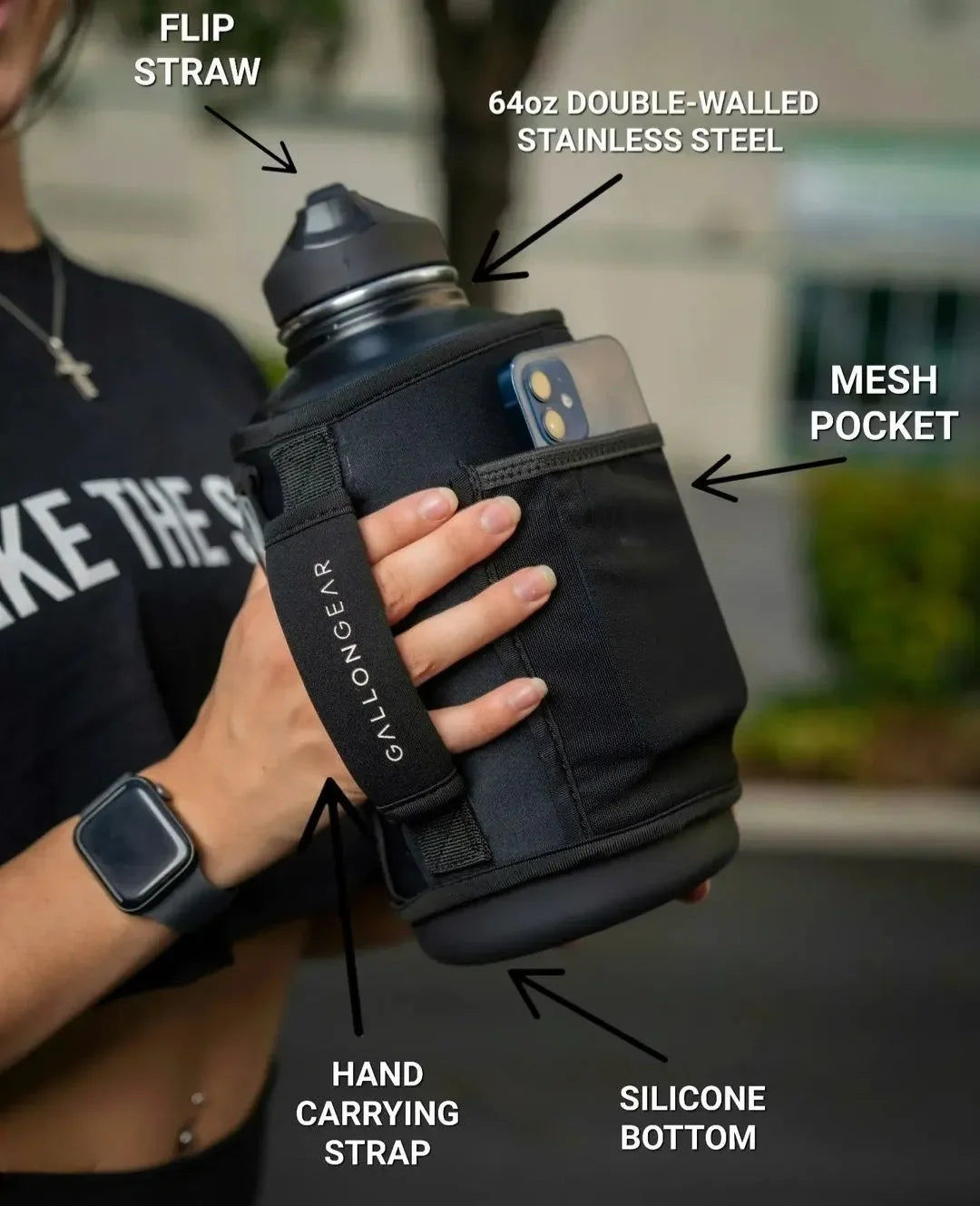 * IN STOCK * 2026 GALLON GEAR STAINLESS STEEL COMBO INSULATED WATER BOTTLE | WITH HANDLE SNAP TOP LID 40 OUNCE | GYM WATER BOTTLE WITH SLEEVE | NEOPRENE SLEEVE WITH CARRYING HANDLE (BLACK BOTTLE/BLACK SLEEVE)