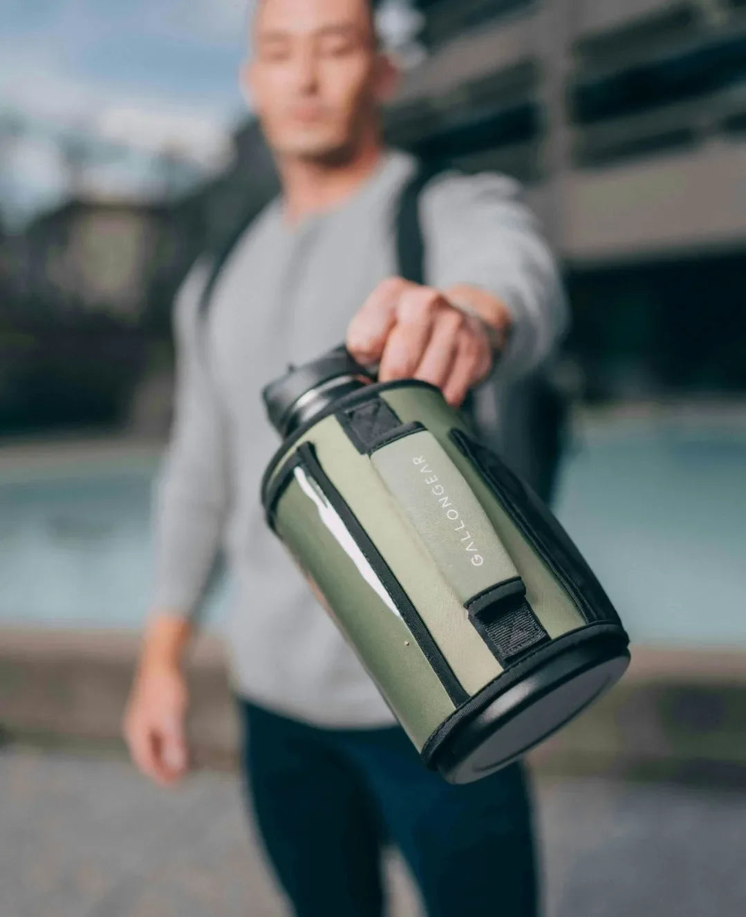 * IN STOCK * 2026 GALLON GEAR COMBO 64 OUNCE STAINLESS STEEL WHITE | GYM WATER BOTTLE WITH SLEEVE | NEOPRENE SLEEVE WITH CARRYING HANDLE (WHITE BOTTLE/OLIVE SLEEVE)