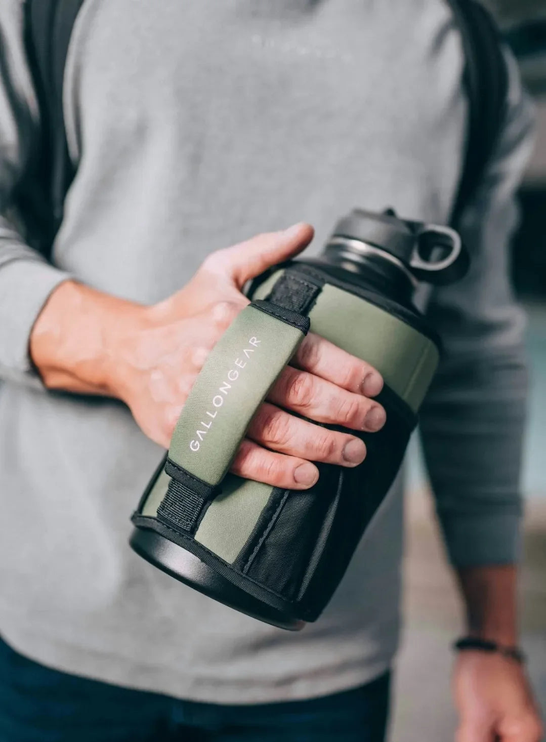 * IN STOCK * 2026 GALLON GEAR COMBO 64 OUNCE STAINLESS STEEL WHITE | GYM WATER BOTTLE WITH SLEEVE | NEOPRENE SLEEVE WITH CARRYING HANDLE (WHITE BOTTLE/OLIVE SLEEVE)