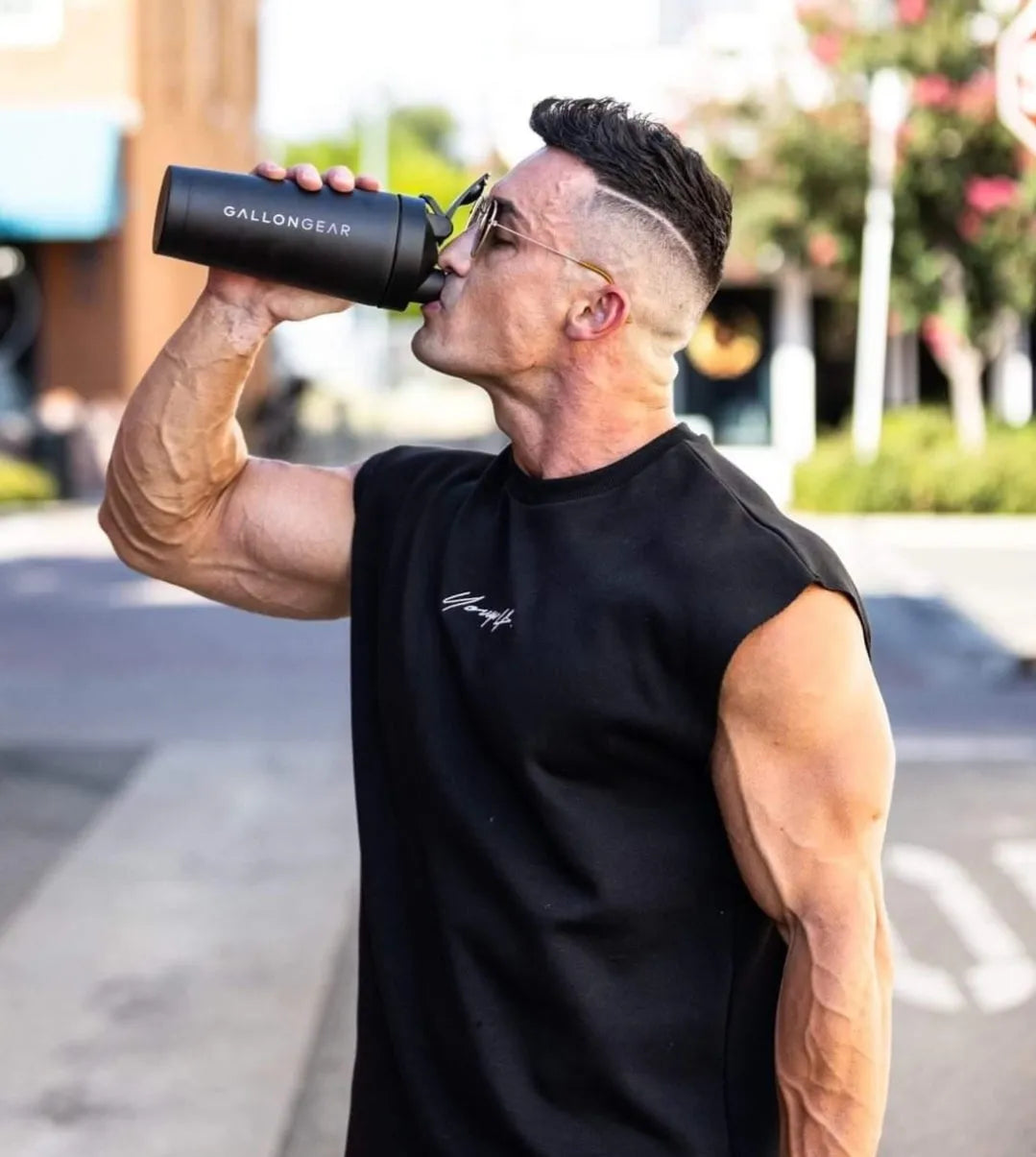 * IN STOCK * 2025 GALLON GEAR STAINLESS STEEL INSULATED SHAKER BOTTLE | SHAKER BALL AND MIXER LID INCLUDED 25oz/750ml CAPACITY | KEEPS LIQUIDS COLD FOR 24 HOURS AND HOT FOR 12 HOURS (BLACK)