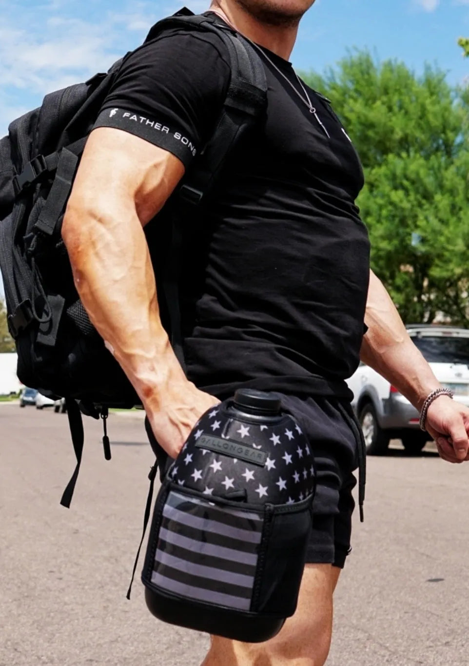 "2025" GALLON GEAR HALF GALLON BOOTY | GYM WATER BOTTLE SLEEVE (FLAG USA BLACK/GREY)