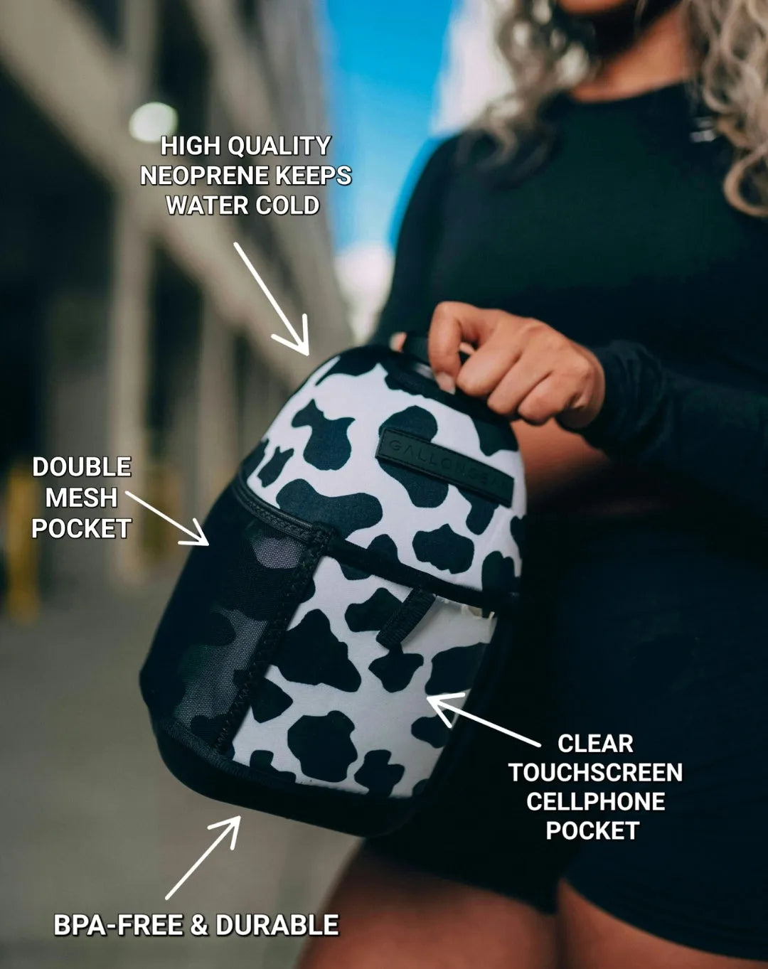 "2025" GALLON GEAR 1 GALLON BOOTY | GYM WATER BOTTLE SLEEVE (COW BLACK/WHITE)