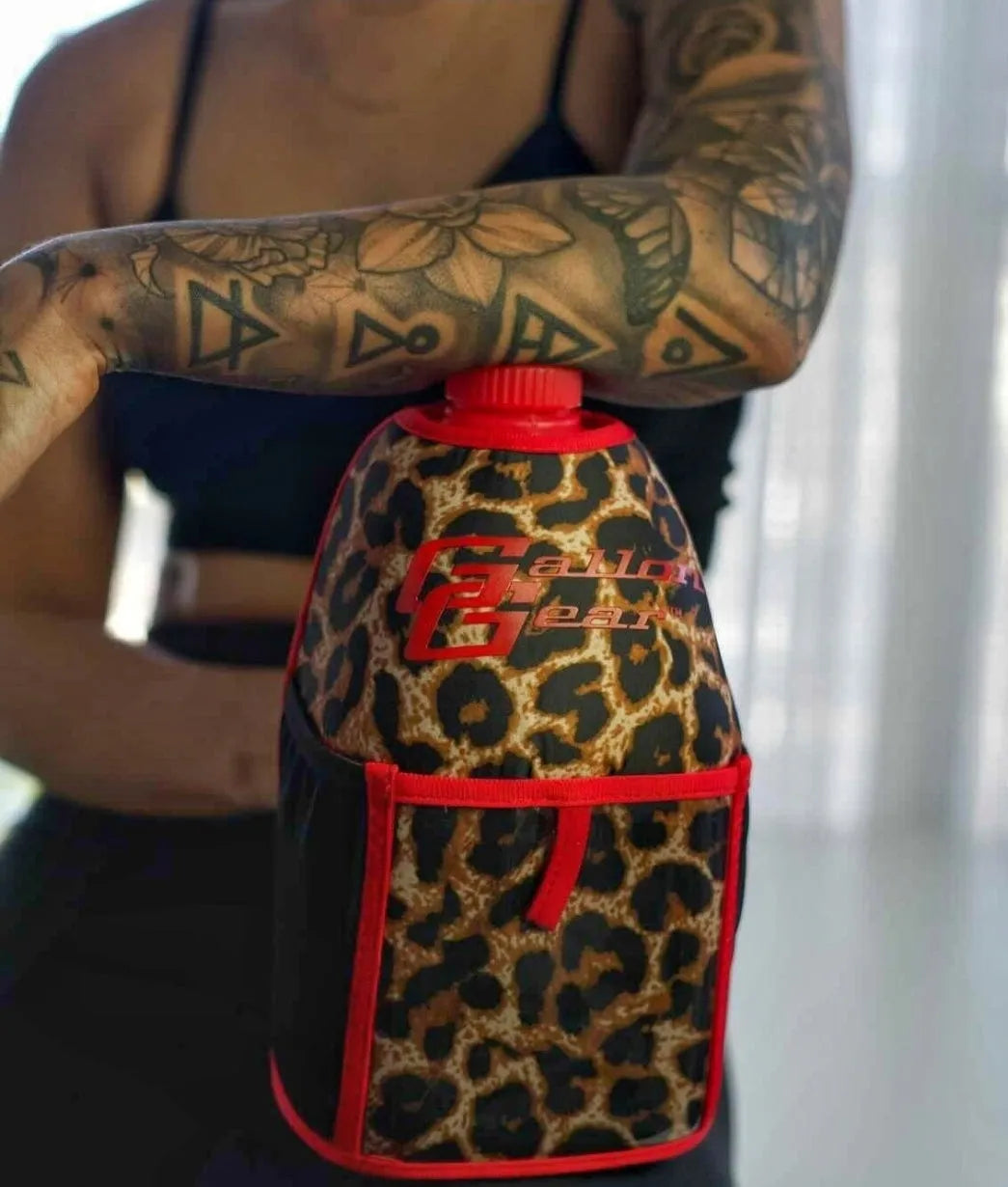 "2025" GALLON GEAR HALF GALLON BOOTY | GYM WATER BOTTLE SLEEVE (LEOPARD RED)#