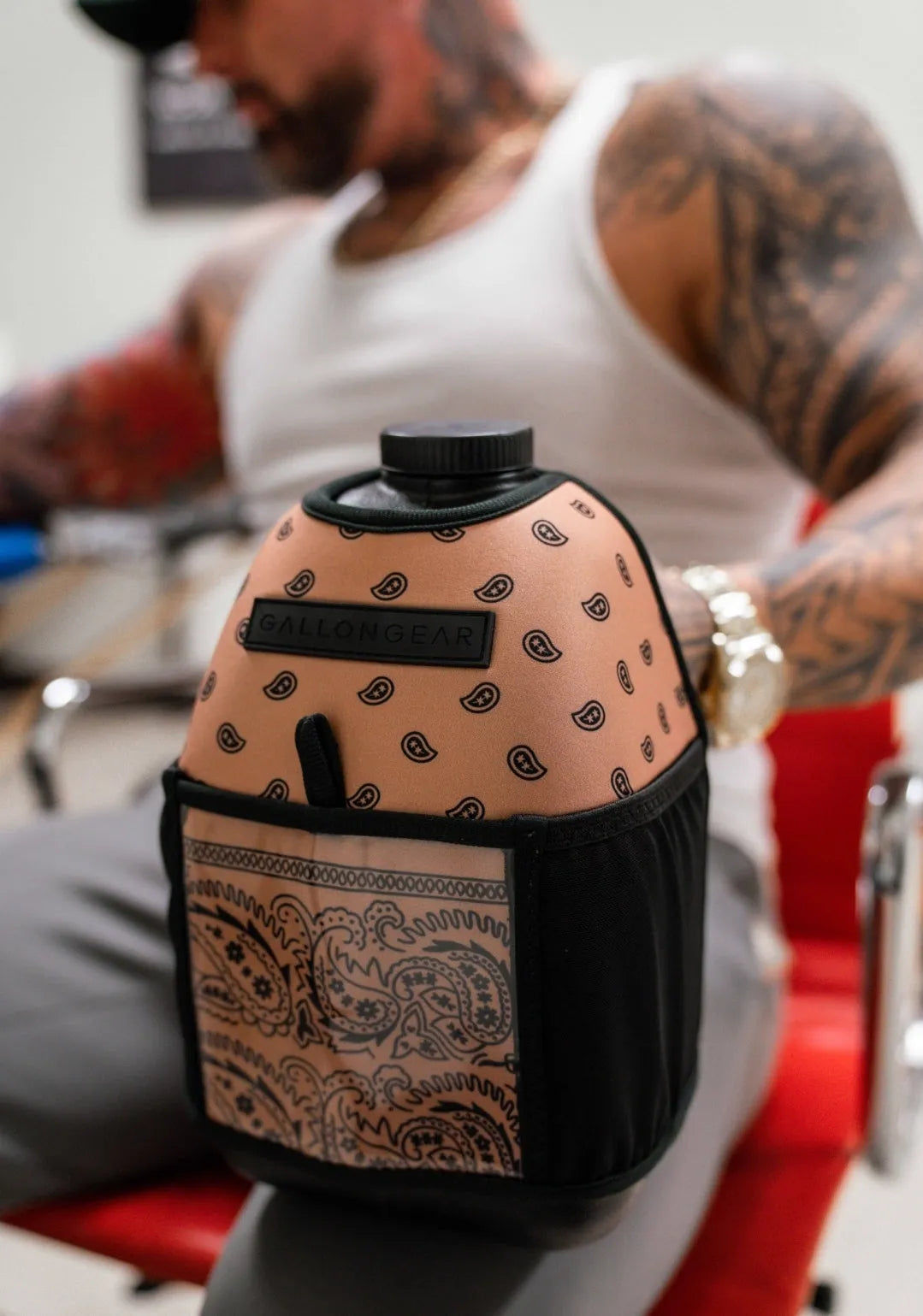 "2025" GALLON GEAR 1 GALLON BOOTY | GYM WATER BOTTLE SLEEVE (BANDANA TAN)