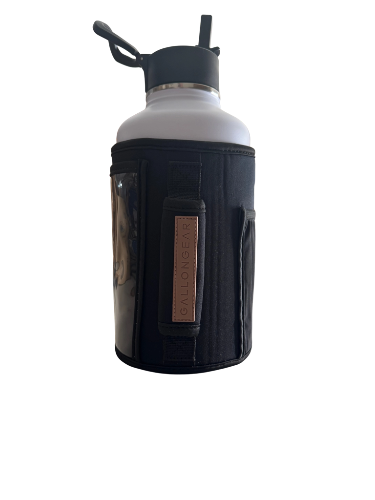 * IN STOCK * 2025 GALLON GEAR COMBO 64 OUNCE STAINLESS STEEL WHITE | GYM WATER BOTTLE WITH SLEEVE | NEOPRENE SLEEVE WITH CARRYING HANDLE (WHITE BOTTLE/BLACK/BROWN SLEEVE)