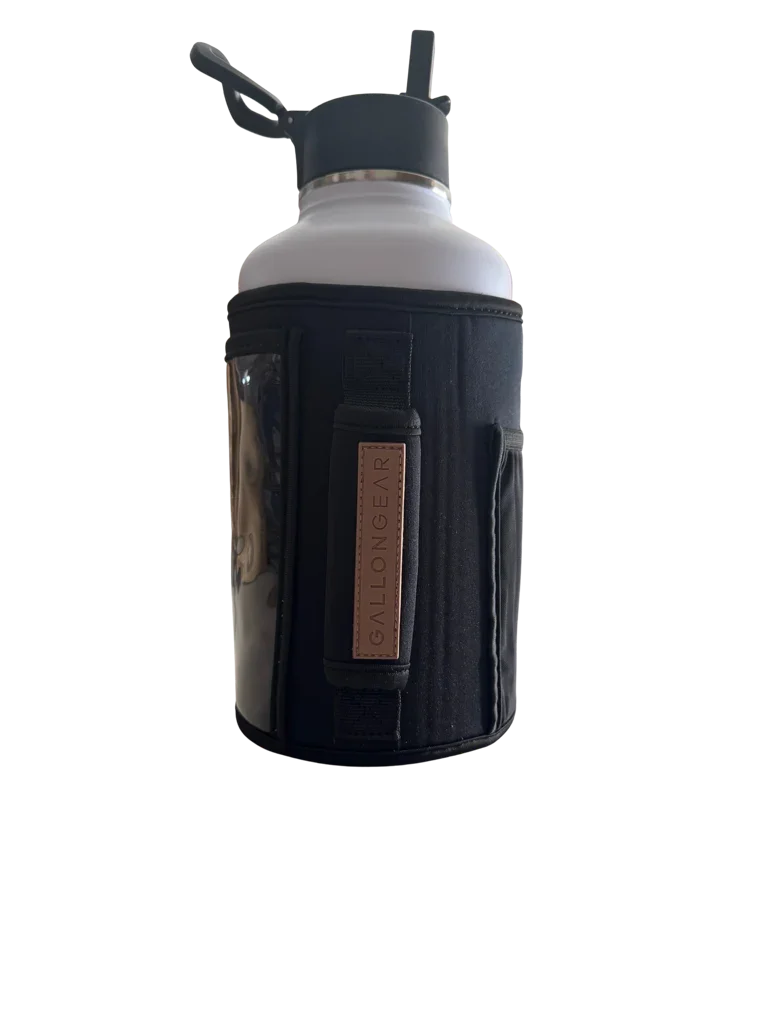 * IN STOCK * 2026 GALLON GEAR COMBO 64 OUNCE STAINLESS STEEL WHITE | GYM WATER BOTTLE WITH SLEEVE | NEOPRENE SLEEVE WITH CARRYING HANDLE (WHITE BOTTLE/BLACK/BROWN SLEEVE)
