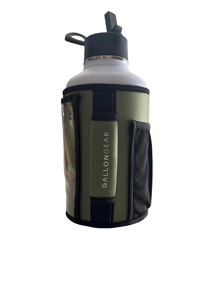 * IN STOCK * 2025 GALLON GEAR COMBO 64 OUNCE STAINLESS STEEL WHITE | GYM WATER BOTTLE WITH SLEEVE | NEOPRENE SLEEVE WITH CARRYING HANDLE (WHITE BOTTLE/OLIVE SLEEVE)
