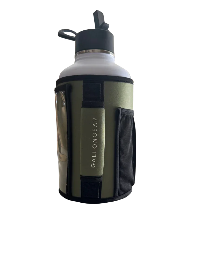 * IN STOCK * 2026 GALLON GEAR COMBO 64 OUNCE STAINLESS STEEL WHITE | GYM WATER BOTTLE WITH SLEEVE | NEOPRENE SLEEVE WITH CARRYING HANDLE (WHITE BOTTLE/OLIVE SLEEVE)