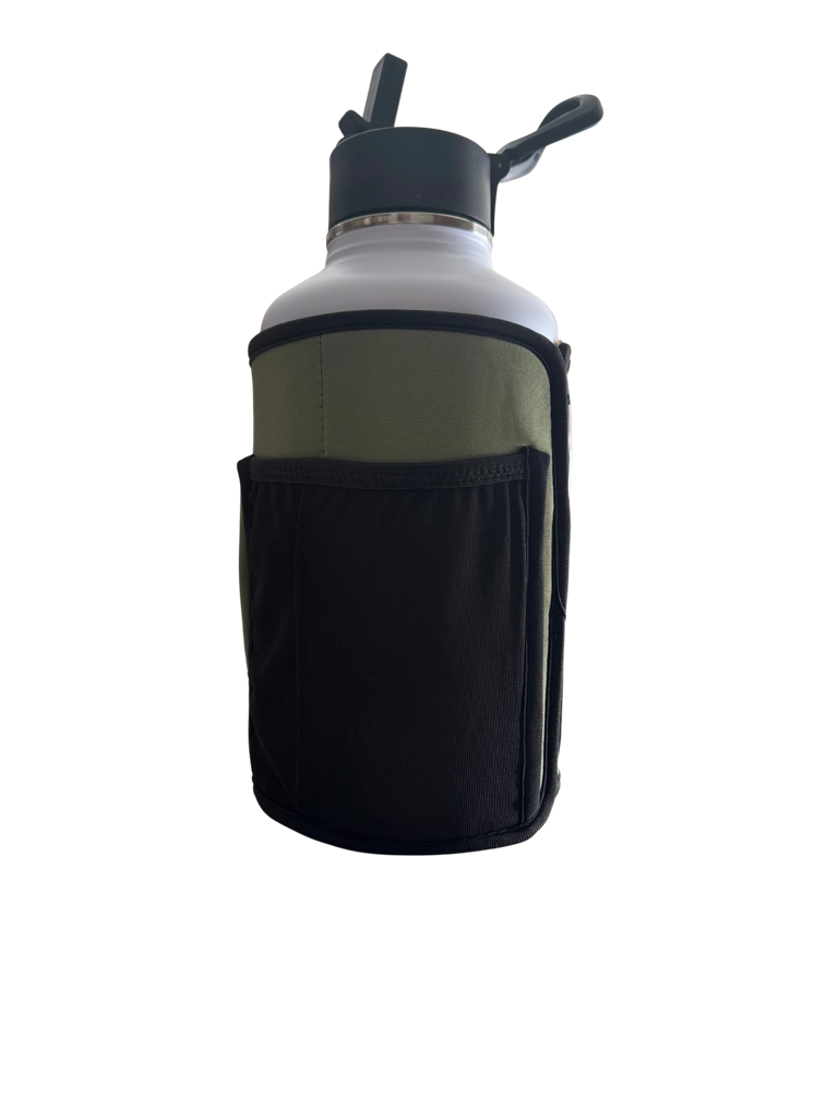 * IN STOCK * 2025 GALLON GEAR COMBO 64 OUNCE STAINLESS STEEL WHITE | GYM WATER BOTTLE WITH SLEEVE | NEOPRENE SLEEVE WITH CARRYING HANDLE (WHITE BOTTLE/OLIVE SLEEVE)