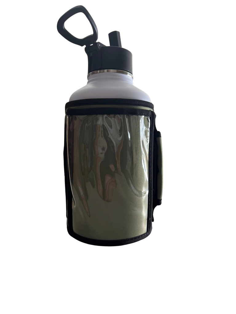 * IN STOCK * 2025 GALLON GEAR COMBO 64 OUNCE STAINLESS STEEL WHITE | GYM WATER BOTTLE WITH SLEEVE | NEOPRENE SLEEVE WITH CARRYING HANDLE (WHITE BOTTLE/OLIVE SLEEVE)