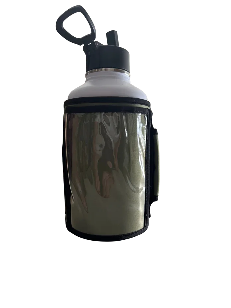 * IN STOCK * 2026 GALLON GEAR COMBO 64 OUNCE STAINLESS STEEL WHITE | GYM WATER BOTTLE WITH SLEEVE | NEOPRENE SLEEVE WITH CARRYING HANDLE (WHITE BOTTLE/OLIVE SLEEVE)