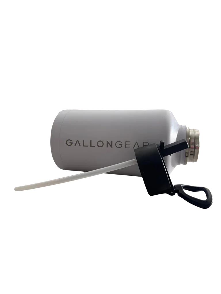 * IN STOCK * 2026 GALLON GEAR COMBO 64 OUNCE STAINLESS STEEL WHITE | GYM WATER BOTTLE WITH SLEEVE | NEOPRENE SLEEVE WITH CARRYING HANDLE (WHITE BOTTLE/BLACK/BROWN SLEEVE)