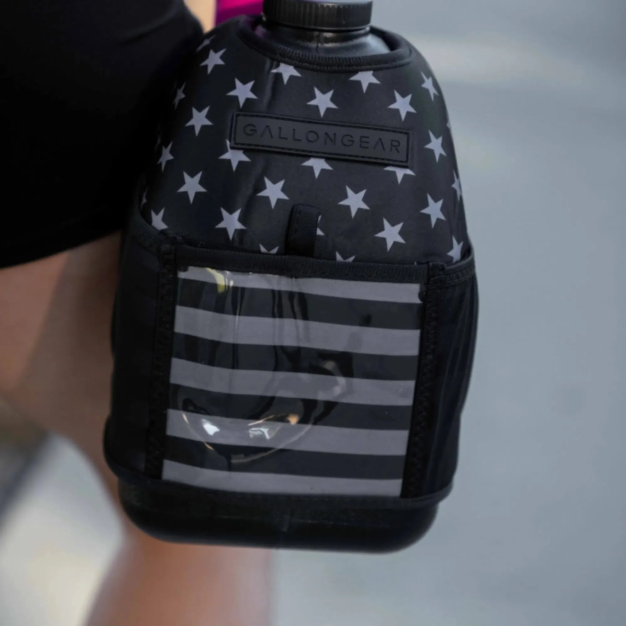 "2025" GALLON GEAR BOOTY 1 GALLON | GYM WATER BOTTLE SLEEVE (FLAG USA BLACK/GREY)