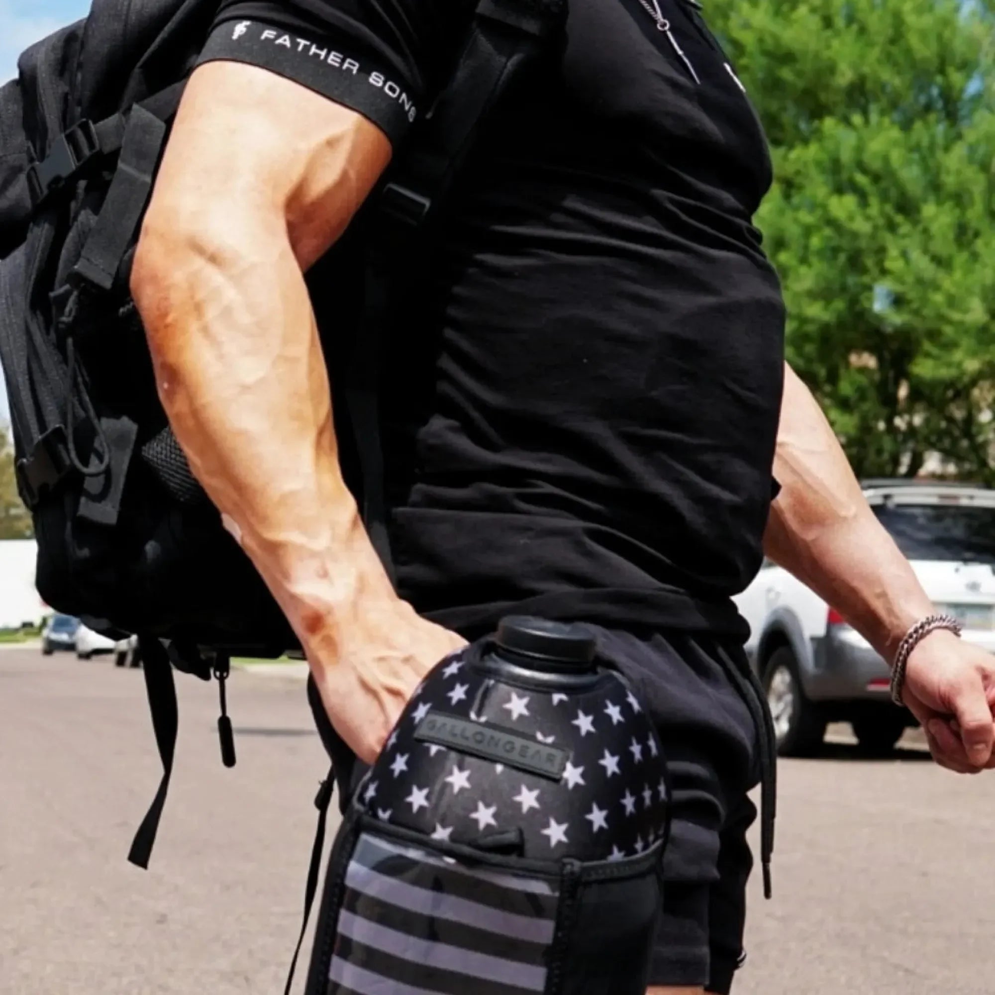 "2025" GALLON GEAR BOOTY 1 GALLON | GYM WATER BOTTLE SLEEVE (FLAG USA BLACK/GREY)