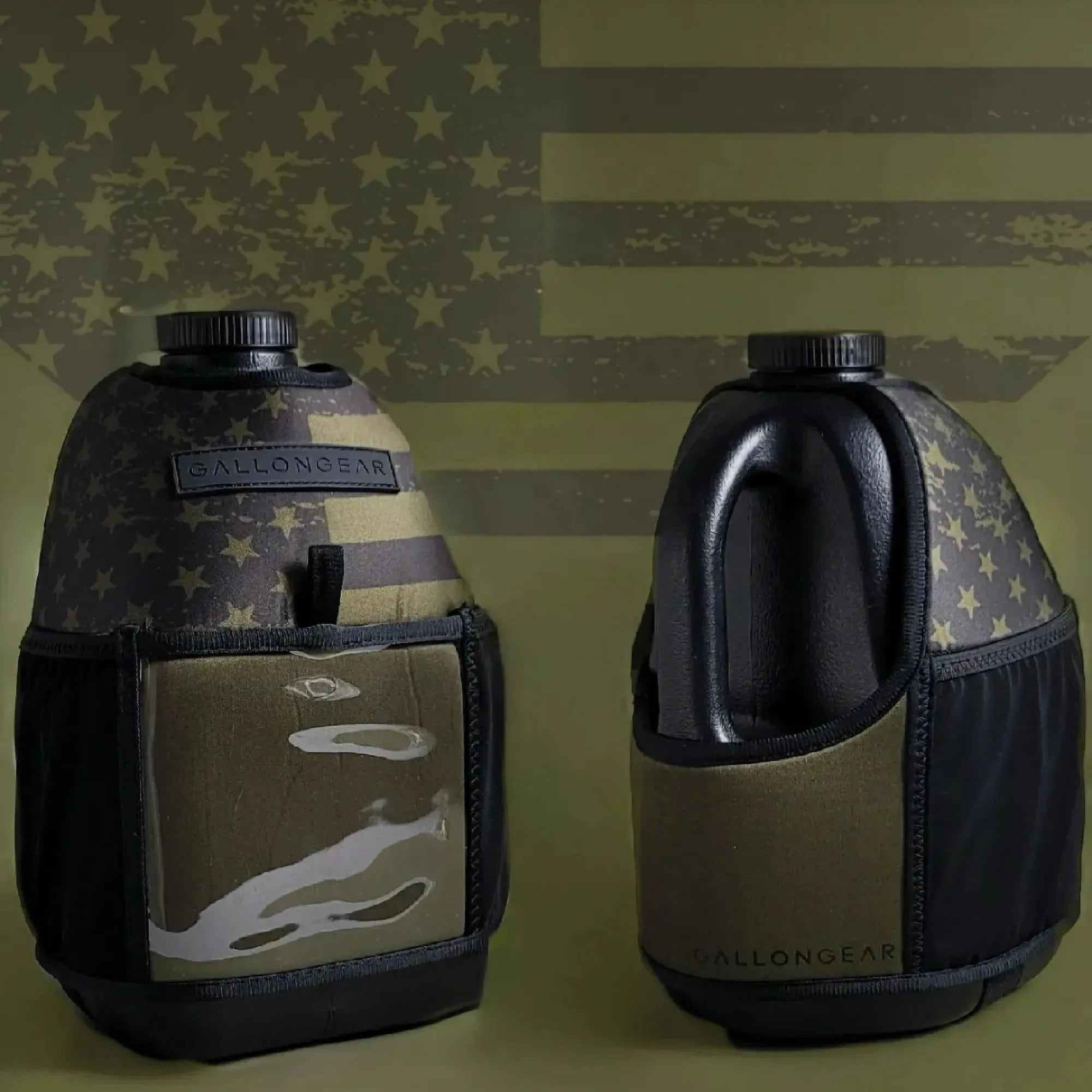 "2025" GALLON GEAR BOOTY 1 GALLON | GYM WATER BOTTLE SLEEVE (FLAG USA OLIVE/BLACK)